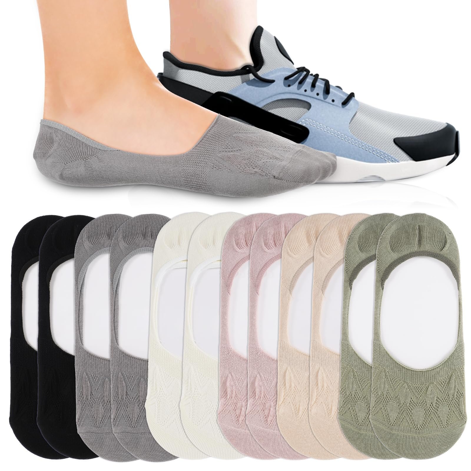 Носки-невидимки женские разноцветные (6 пар) Хлопок Силиконовая подкладка Невидимые дышащие носки для кроссовок Летние для мокасин (36-40), фото №1