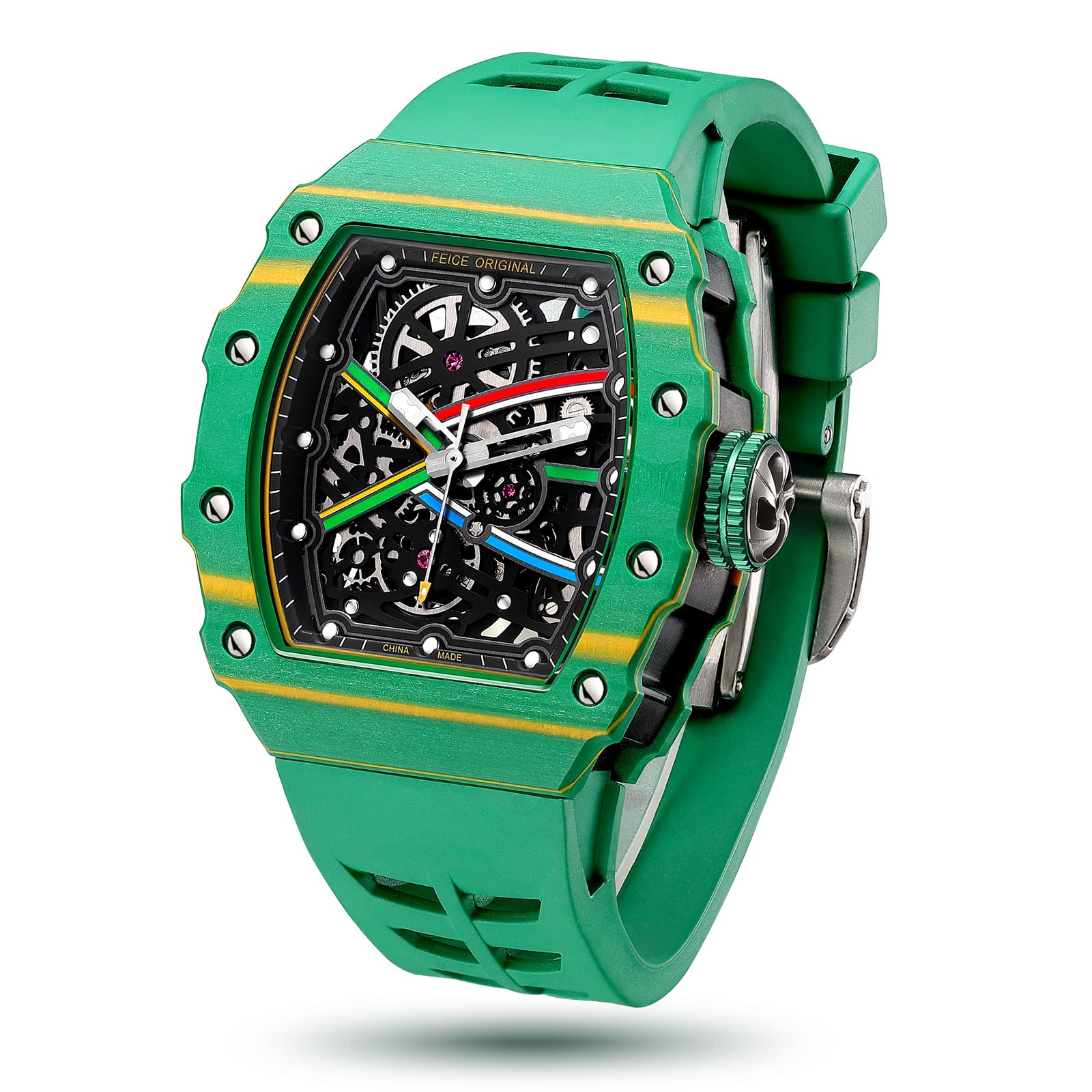 Часы FEICE Men's Automatic Skeleton Fluorine Rubber Waterproof Green Modern, фото №1