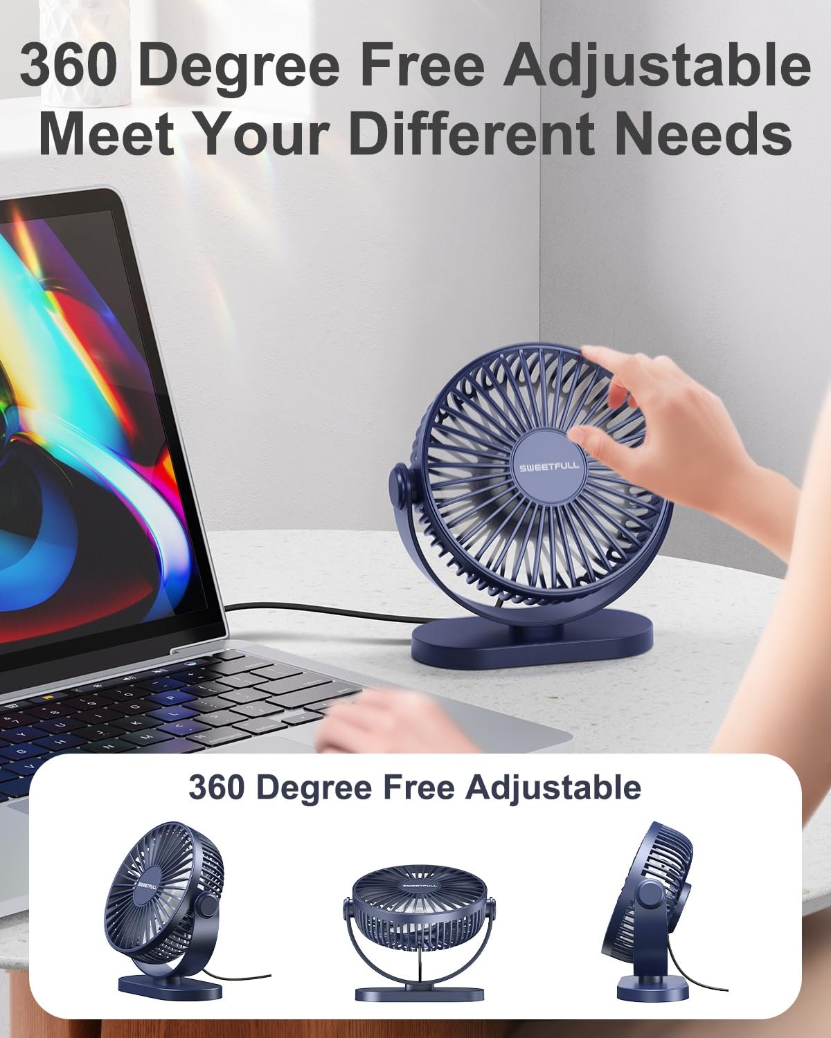 Настольный вентилятор SWEETFULL USB, 3 скорости, тихий, регулируемый на 360°, мини, портативный, компактный для дома, спальни, путешествий, улицы, маленький, фото №3