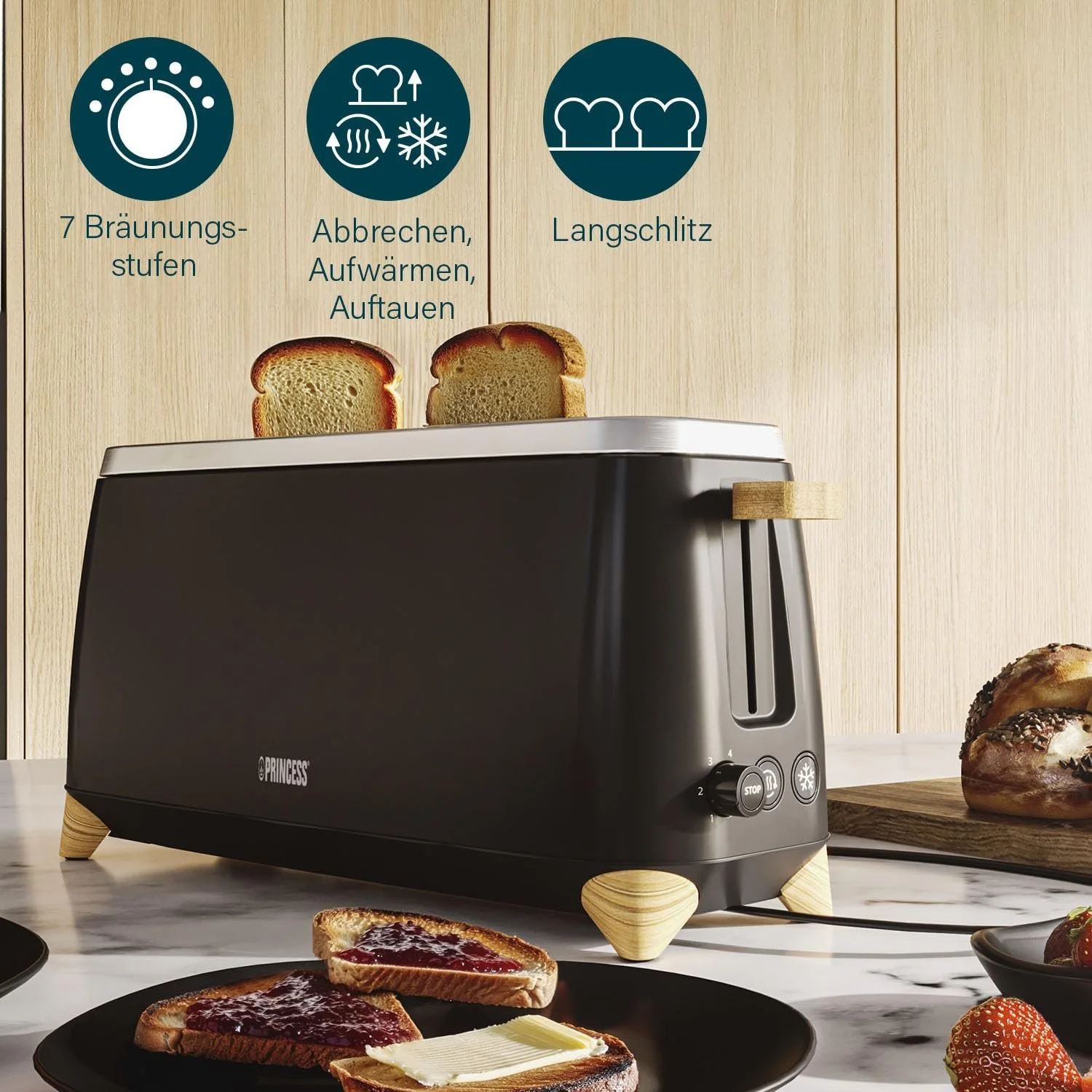 Тостер Princess Pure для 2 скибочок одночасно 7 регульованих рівнів підсмажування кнопки скасування, розігріву та розморожування 800-1000 Вт Чорний, фото №3