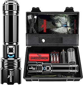 Фонарь Shadowhawk LED 10000 люмен, чрезвычайно яркий, USB перезаряжаемый, тактический фонарь с кобурой CREE XHP70.2, IP67 водонепроницаемый, 5 режимов освещения, для кемпинга, пешего туризма, чрезвычайных ситуаций (26650 аккумулятор) - Фото 1