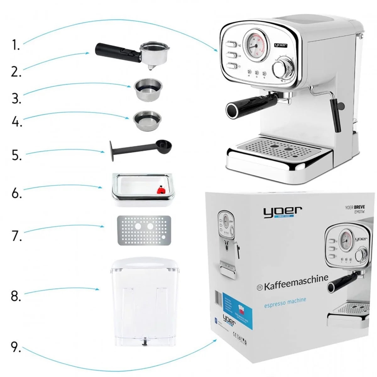 Кофеварка эспрессо YOER Breve EM01W 1100 W 20 Bar 1.2 L White, фото №9