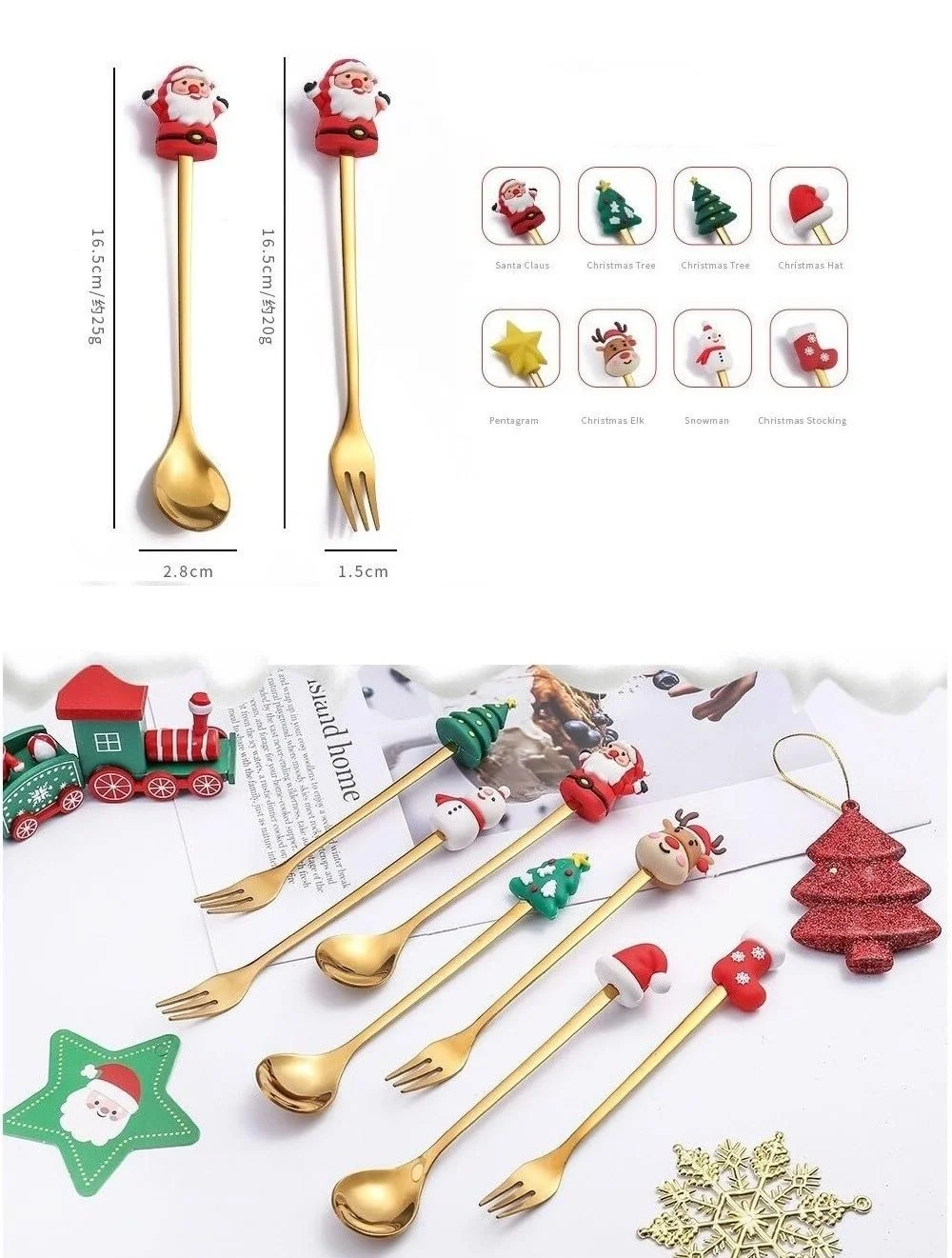 Набор столовой посуды Рождественский, Рождественская ложка, Кофейная ложка, Ложка для торта, Рождественская вилка, Десертная вилка, 3D мультяшная фигурка, 4 шт, Набор рождественских столовых приборов (B), фото №4