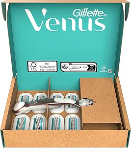 Набор для бритья Gillette Venus Deluxe Smooth Sensitive Бритва 9 сменных кассет Гель Satin Care 240 мл synthetic.ua - Фото 1