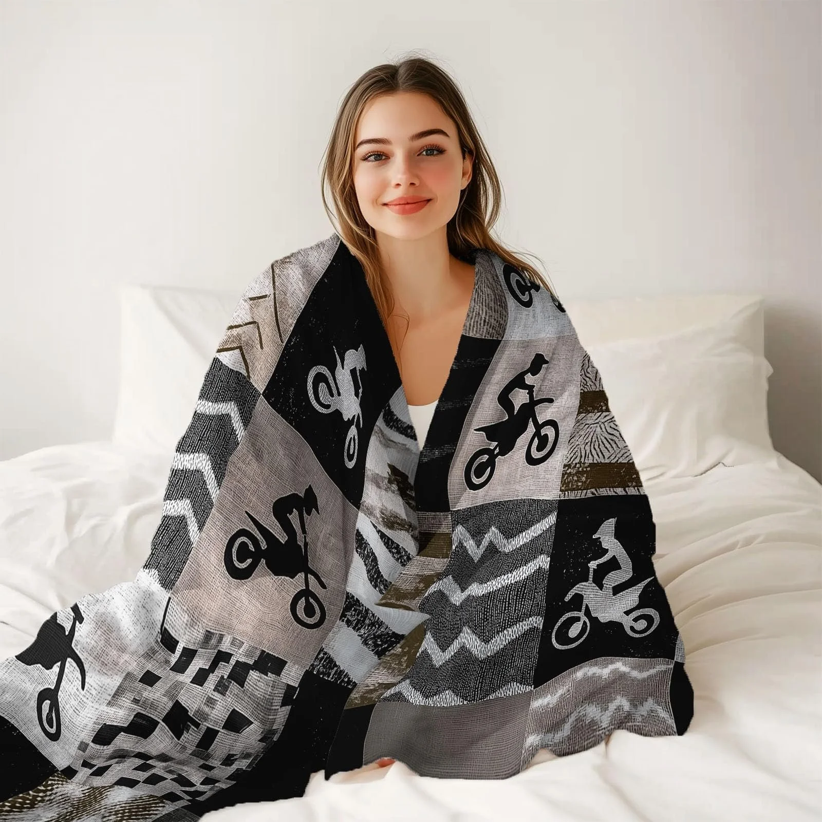 Фланелевое одеяло 180 x 220 см, Нейтральный клетчатый узор Мотоцикл Тема Декоративное одеяло для кровати Кресло Диван - Коричневое Осень и Зима Мягкое Пушистое Плюшевое одеяло, фото №4