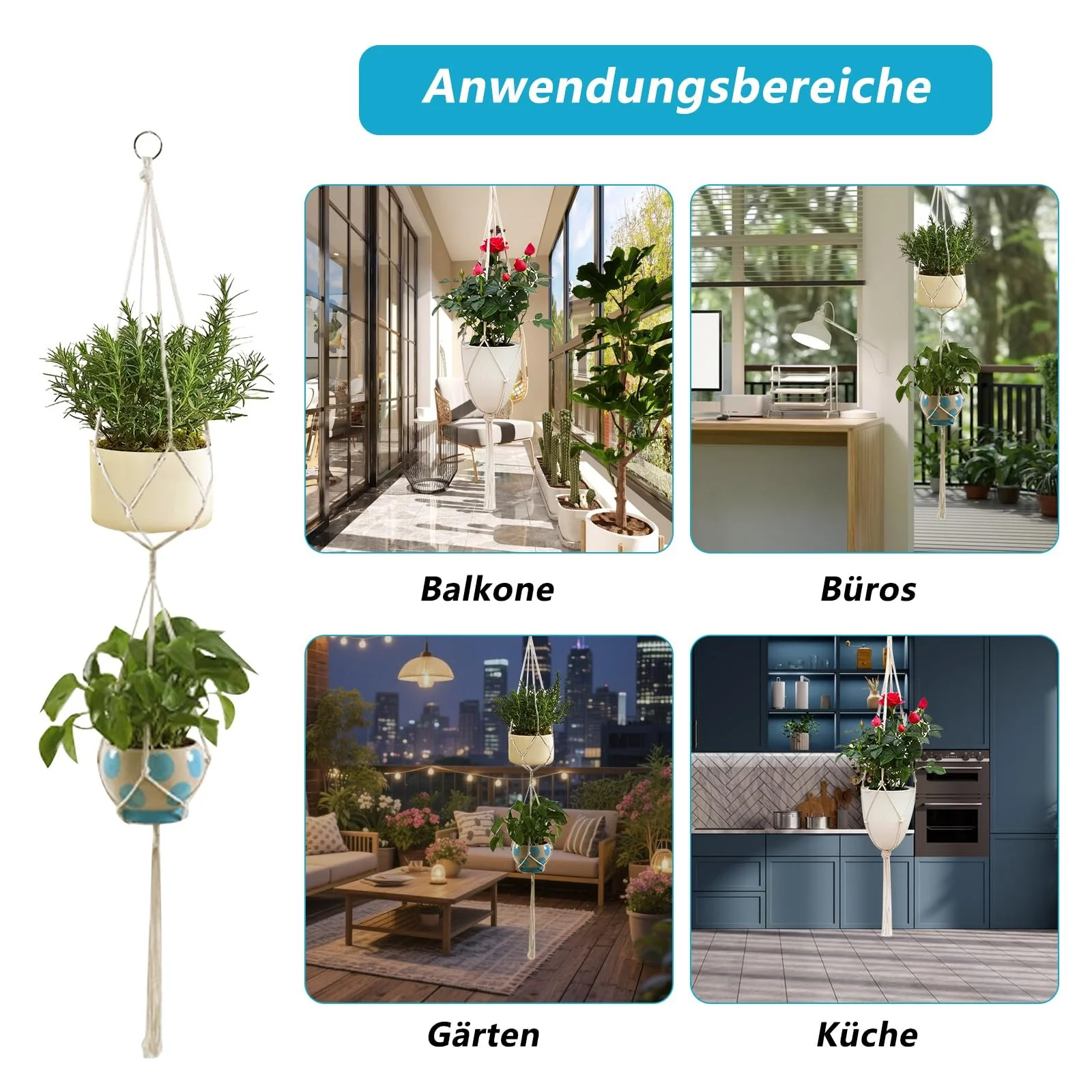 Кошик підвісний макраме Набір 2 шт. Бавовняна мотузка з гачками Білий, фото №4