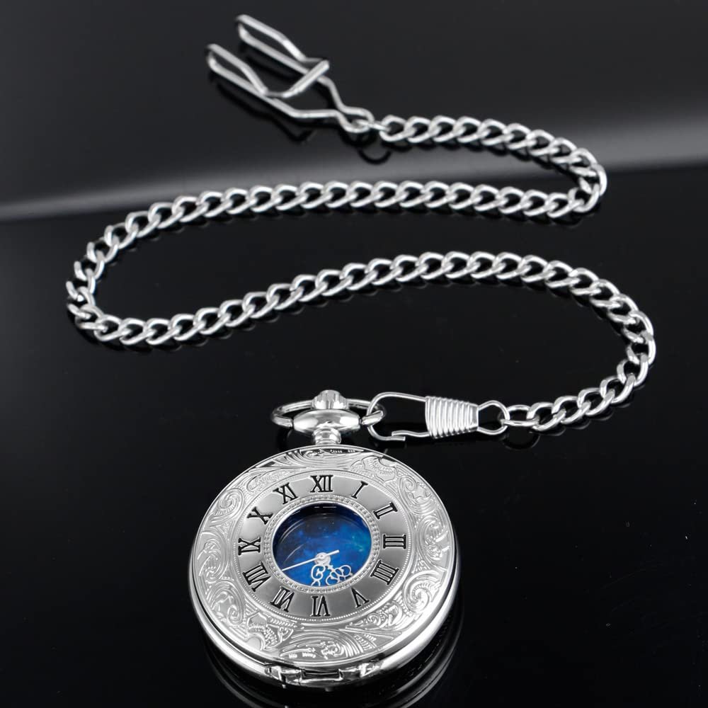 Кишеньковий годинник Tiong Hollow Blue Star Design з римськими цифрами, кварцовий з ланцюжком, фото №3