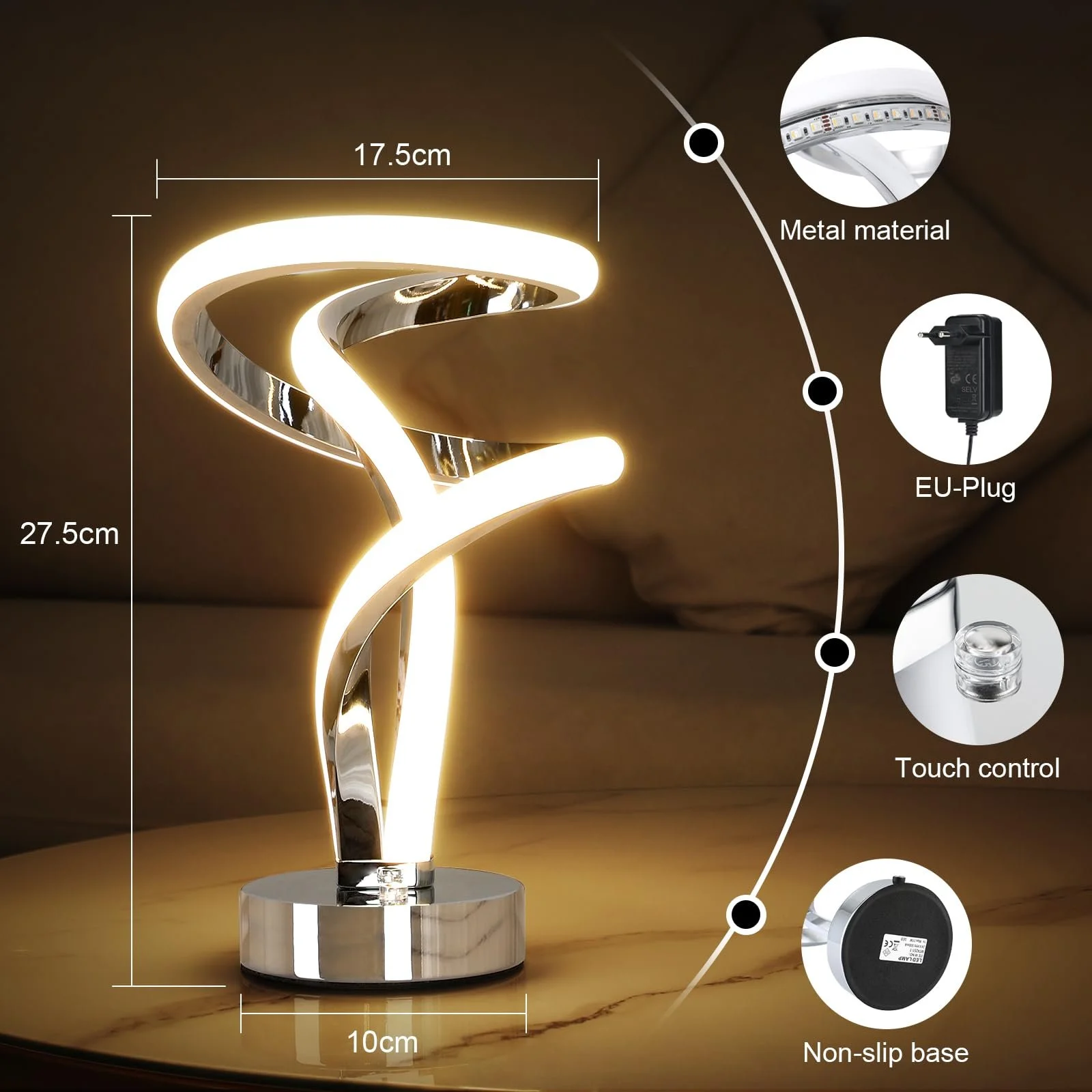 Настільна лампа Lightess LED Bedside Lamp Touch Dimmable 10 W RGB Spiral Modern Срібляста, фото №4