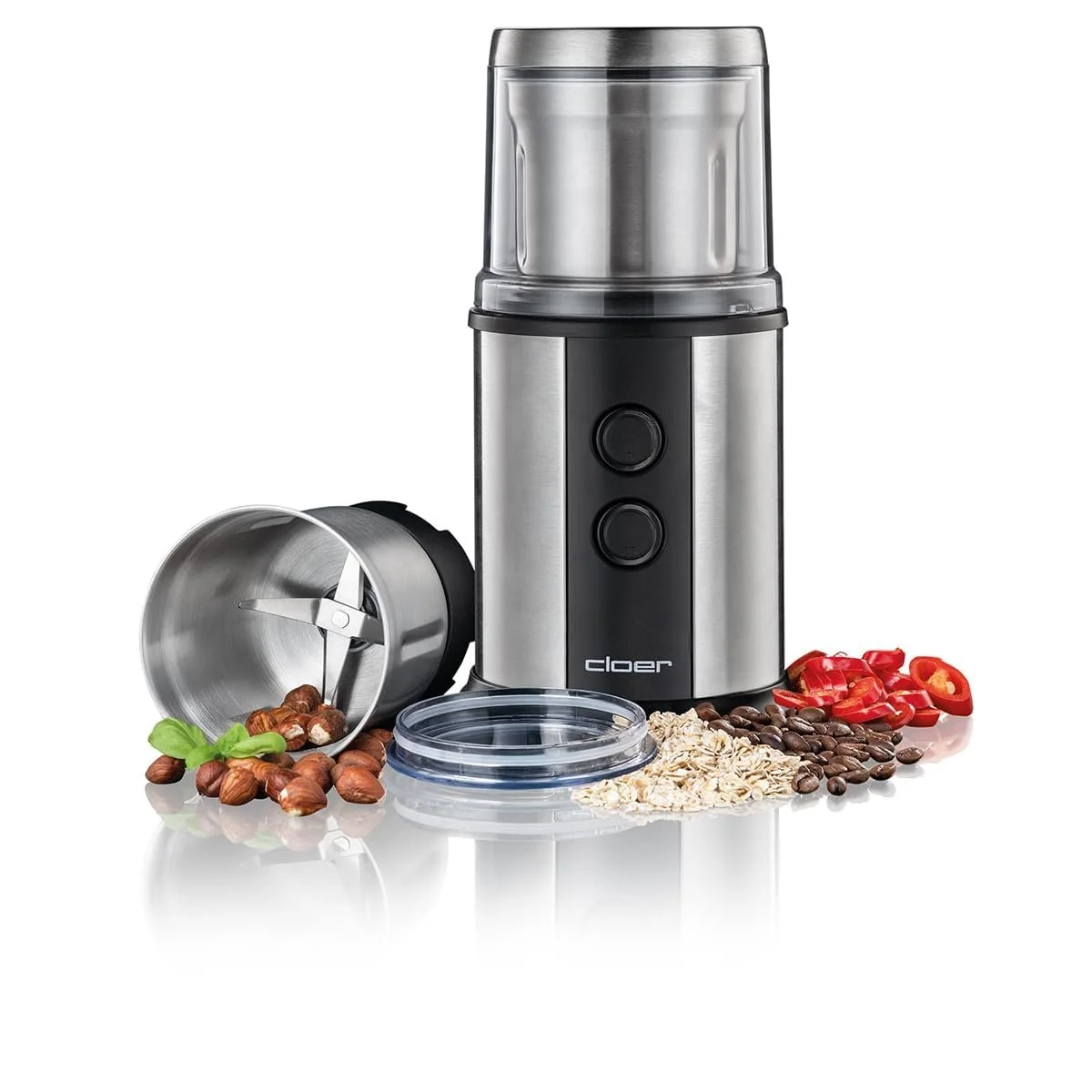 Електрична кавомолка Cloer 7419 з ножем з нержавіючої сталі, 350 Вт, 2 знімні контейнери з нержавіючої сталі, для песто, трав, горіхів та зерна, до 80 г кавових зерен, захисна, фото №1