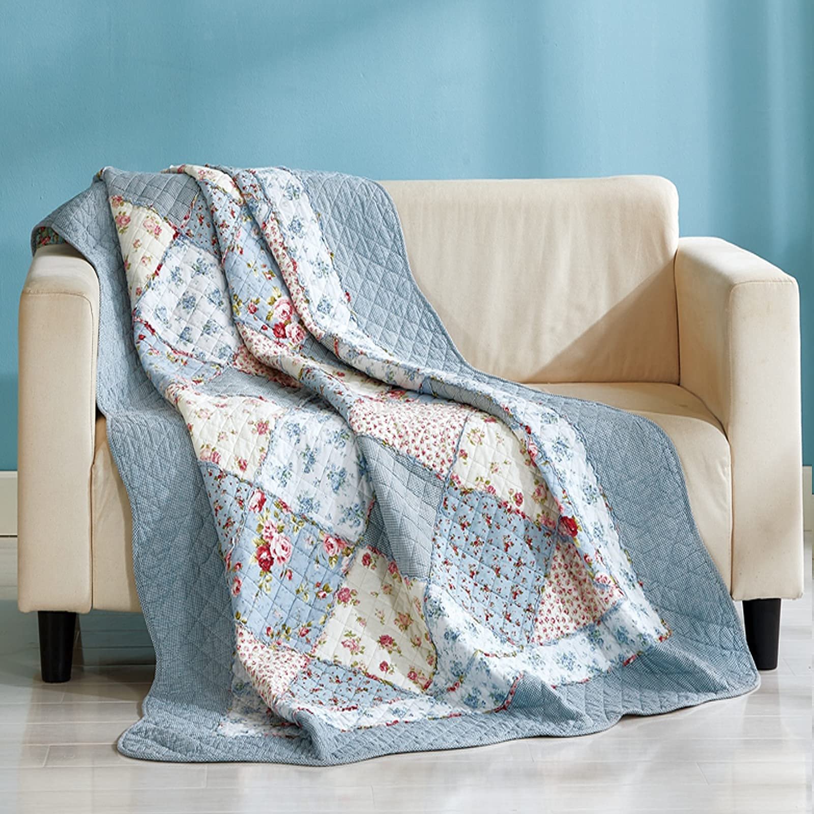 Покривало VIVILINEN Бавовняна клаптикова Синя 150 x 200 см Квіткова, фото №7