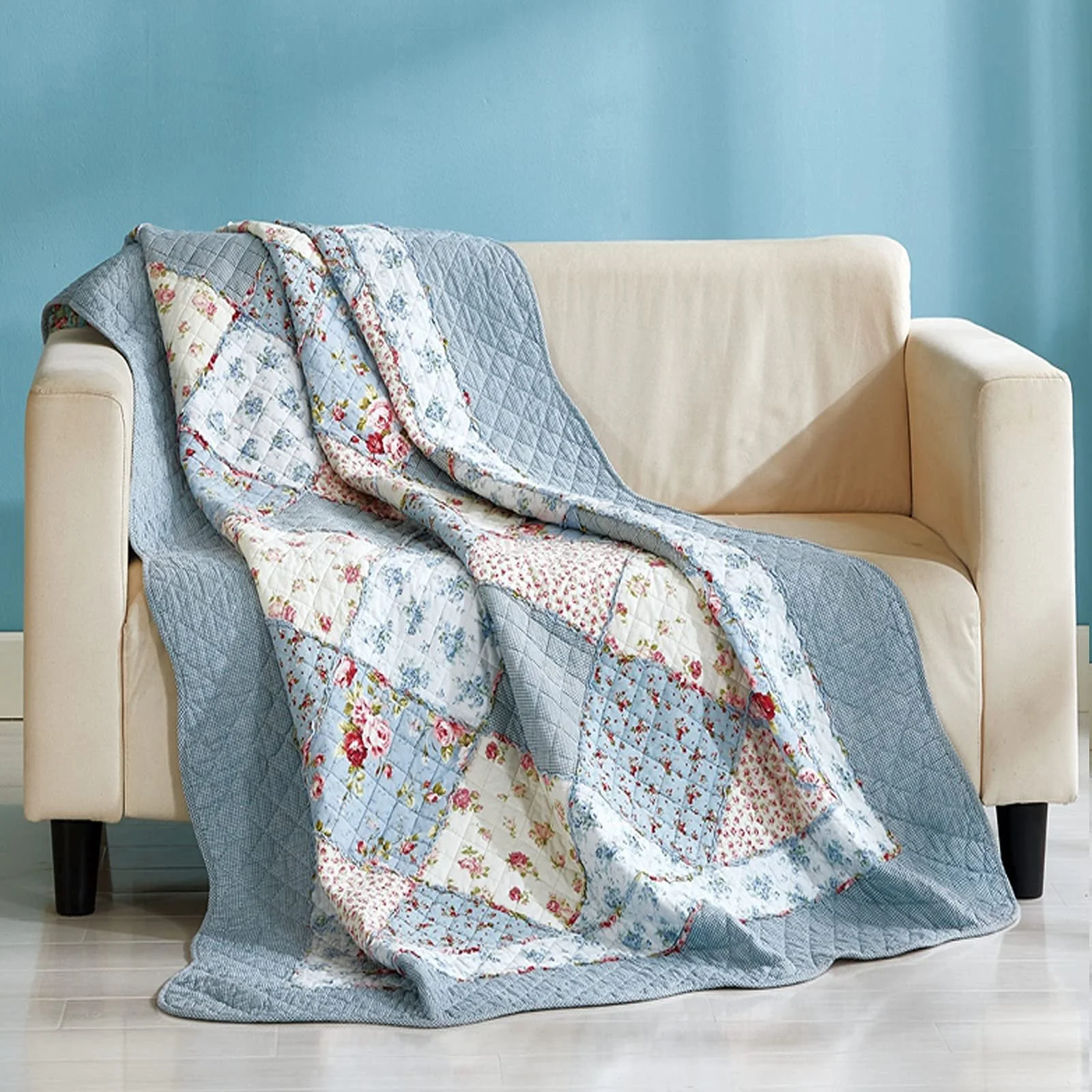 Одеяло VIVILINEN Хлопковое лоскутное Синее 150 x 200 см Цветочное, фото №7