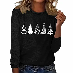 Рождественский свитшот LIANGTUOHAI Женский с длинными рукавами Рождественская футболка с круглым вырезом Свитер глубокий V-образный вырез Женский с принтом Конфеты Рождество Merry Christmas Удобный - Фото 1