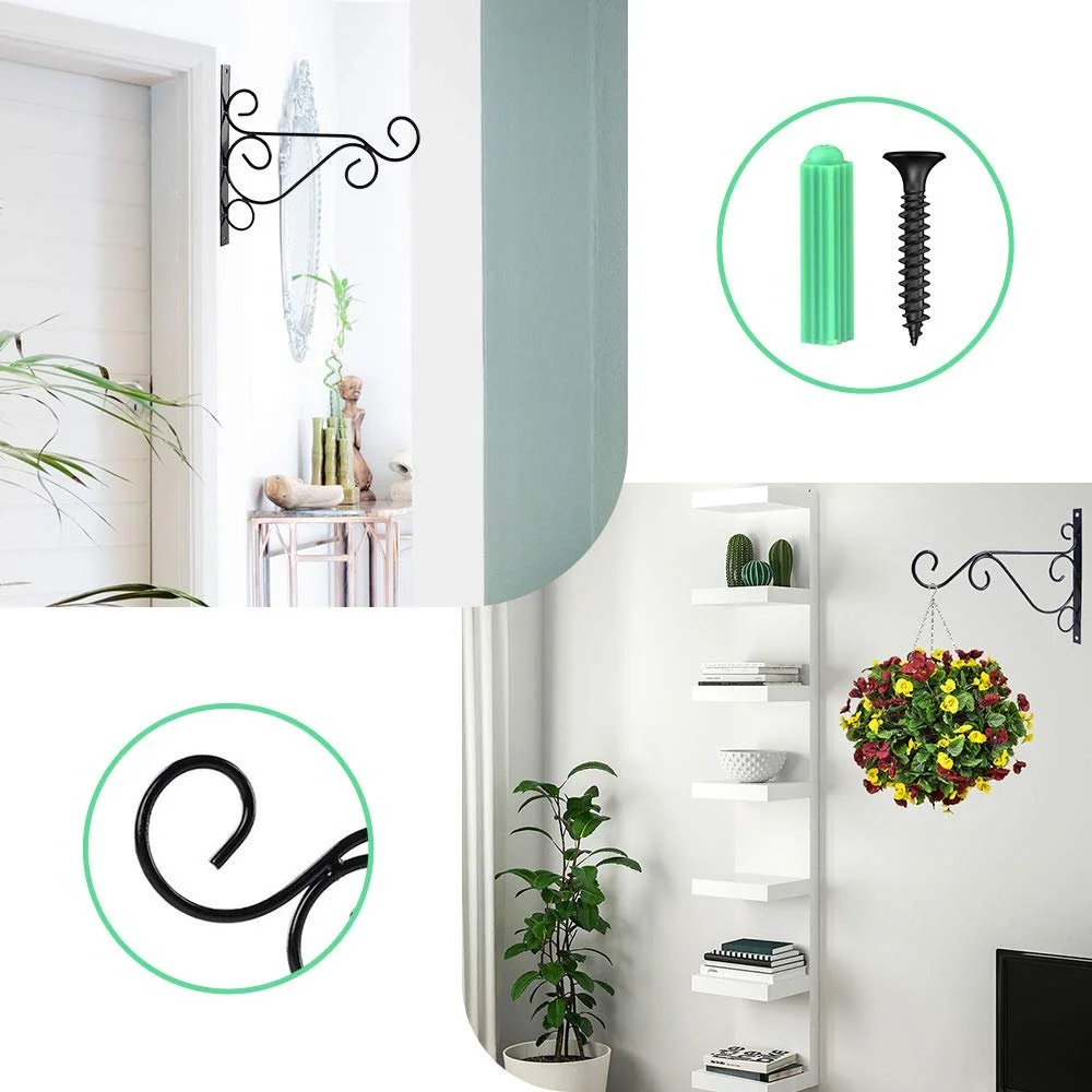 Кронштейны для подвесных корзин 3 шт. Настенные крючки из черного металла для фонарей и декора с 6 винтами, фото №4