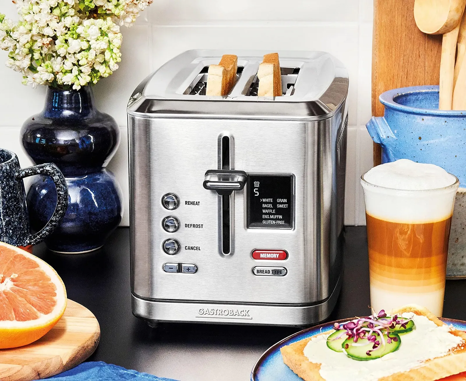 Тостер GASTROBACK Design Digital 2S, 2 скибочки, вбудована насадка для булочок, 7 програм підсмажування, РК-дисплей зі зворотним відліком, 800 Вт, корпус з нержавіючої сталі, сріблястий, фото №5