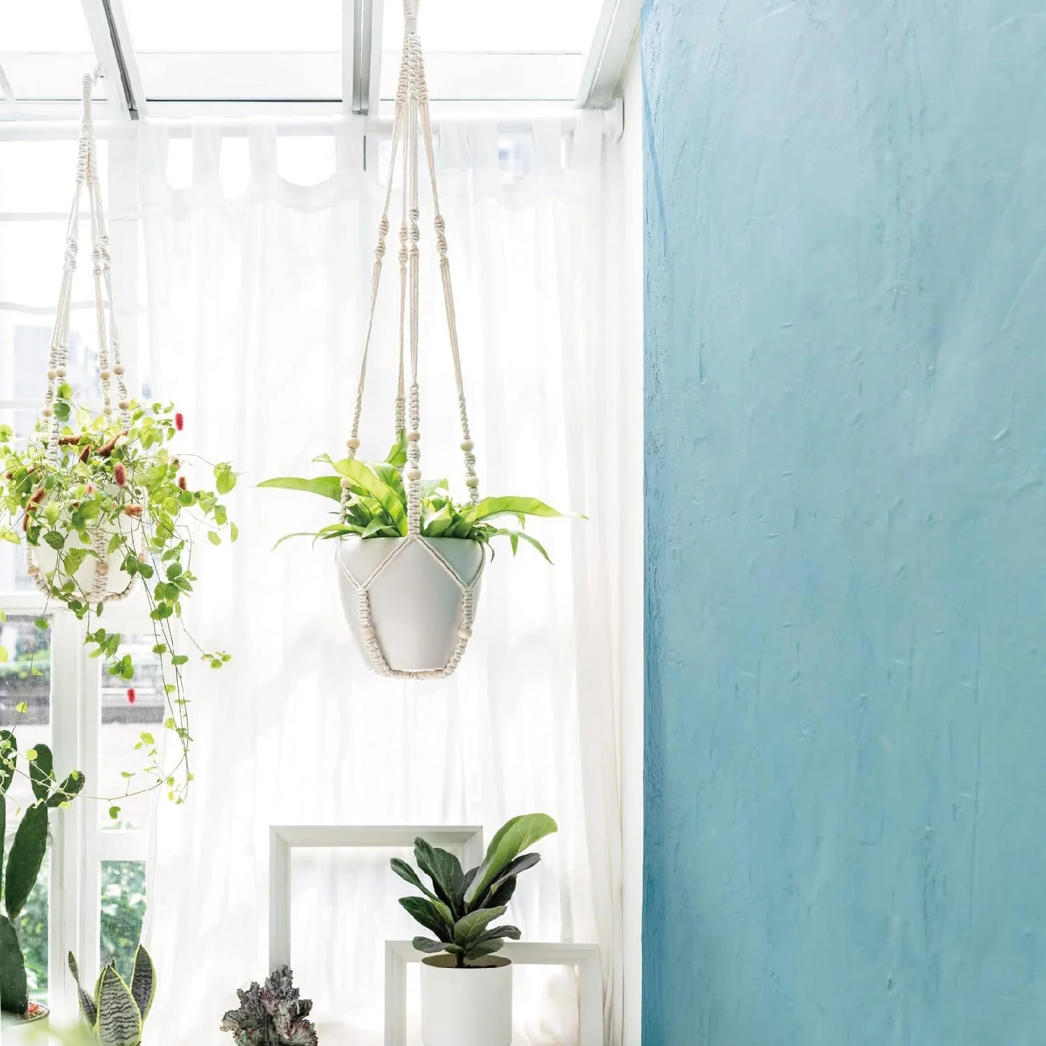 Підвісний кошик макраме Boho бавовняний з намистинами без китиць 1 шт, фото №8