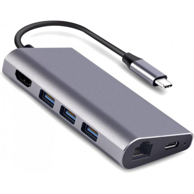 Переходник Dynamode USB3.1 Type-C to HDMI 3хUSB3.0, RJ45 USB Female SD (Dock-USB-TypeC-HDMI-USB3.0-RJ45), фото №1
