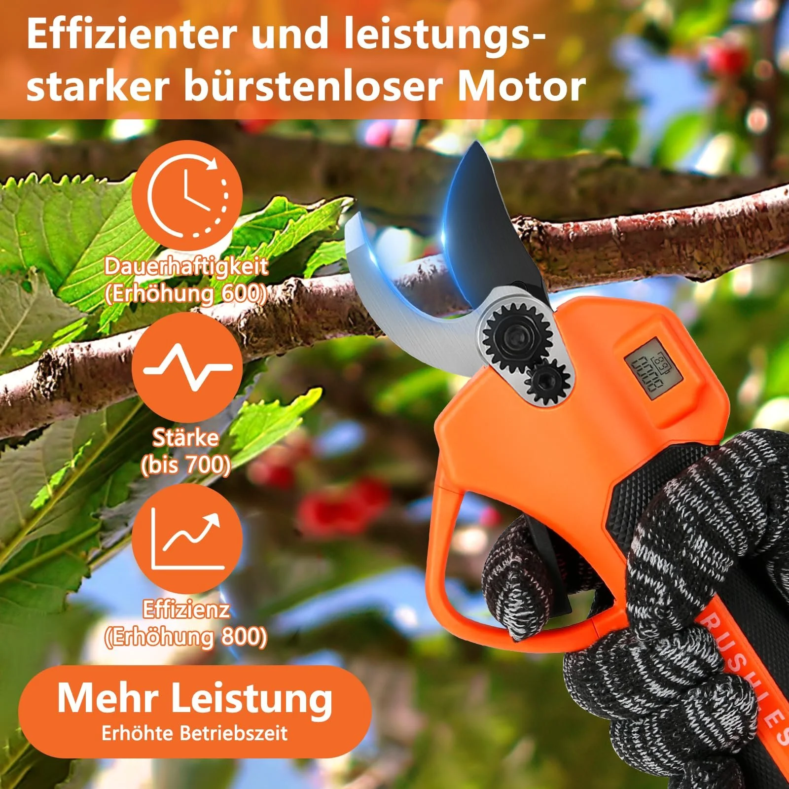 Акумуляторний гілкоріз з LCD-дисплеєм, акумуляторний електричний секатор з 2 x 2000 mAh батареями та SK5 лезами до 40 мм, портативні професійні електричні садові ножиці для обрізки дерев, фото №3