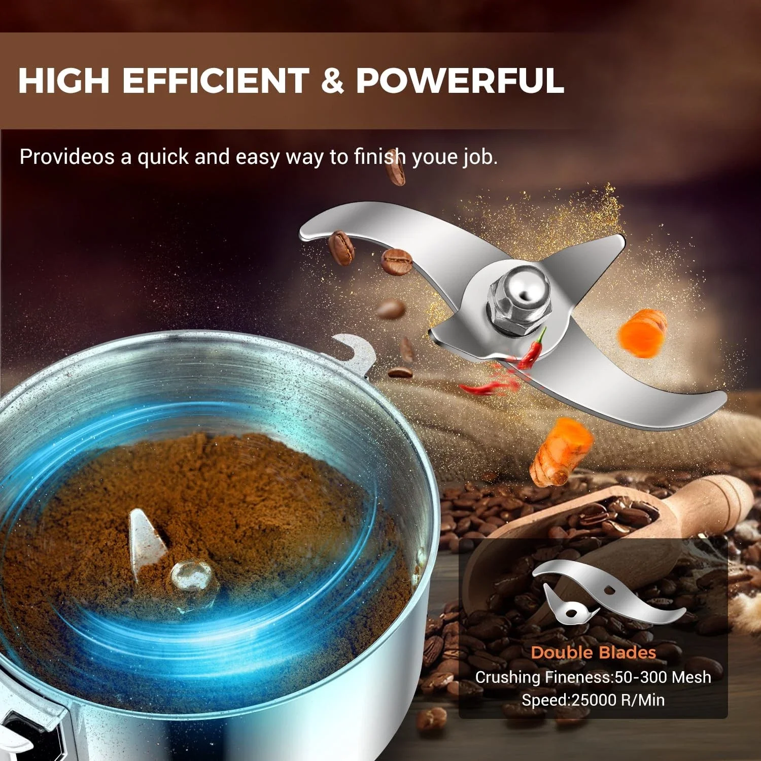 Універсальний електричний млин VEVOR XZ-2A / 1050W / 150 г / Нержавіюча сталь / Для сухих інгредієнтів / Срібний, фото №4