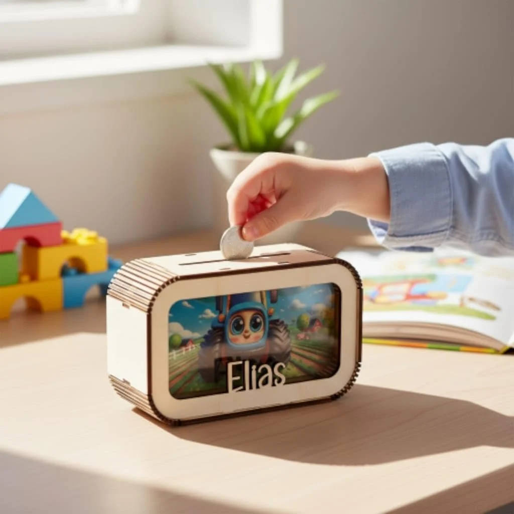 Скарбничка Traktor дерев'яна персоналізована з ім'ям трактор дизайн, фото №5