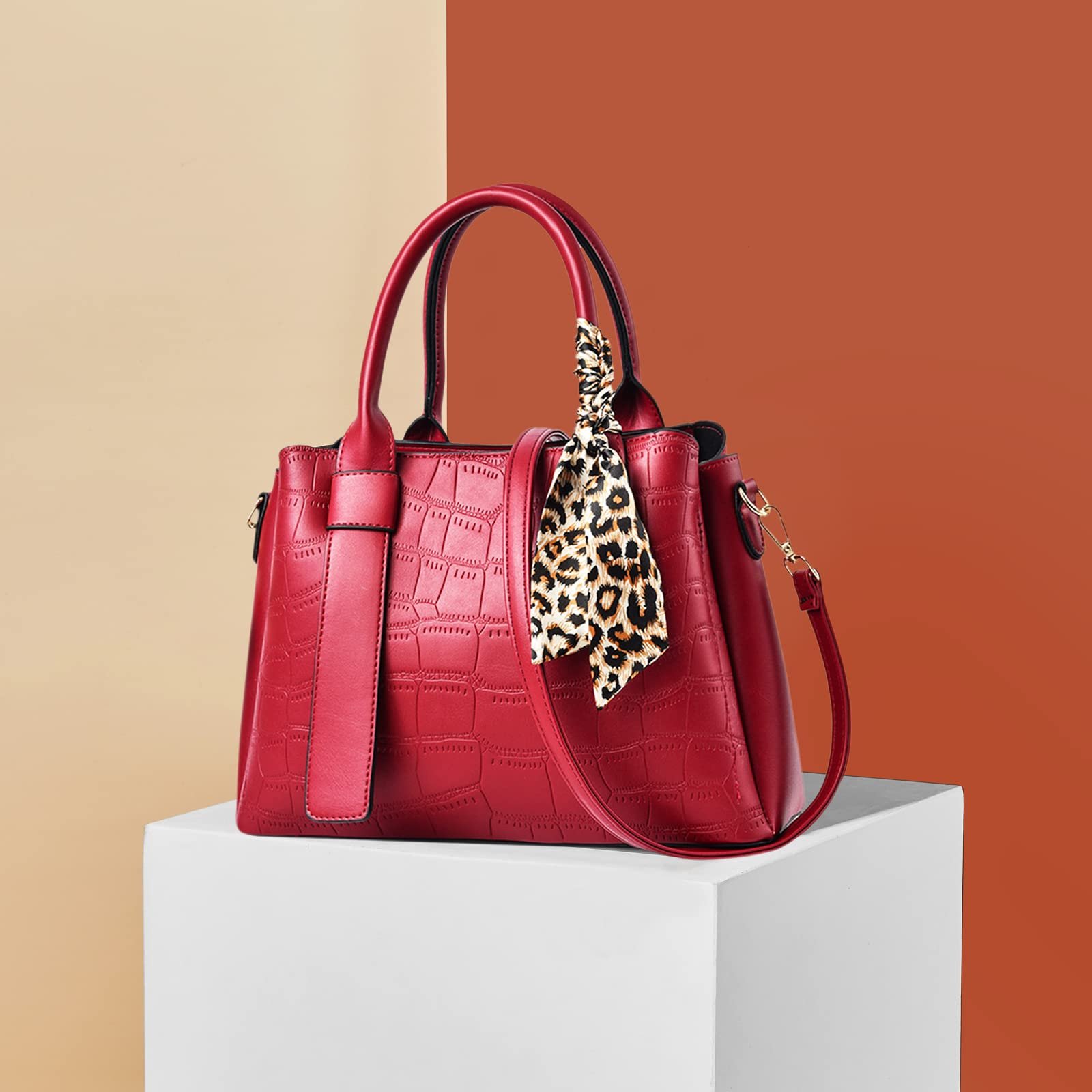 Сумка с верхней ручкой NICOLE & DORIS, узор крокодила, винно-красный цвет, фото №3