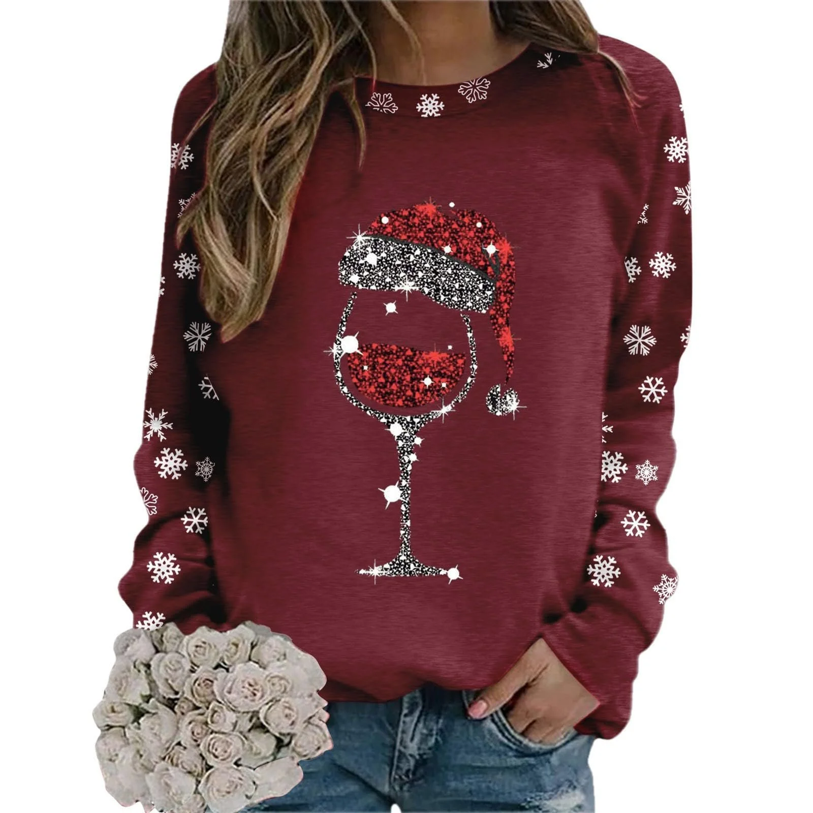 Рождественский джемпер Женская толстовка Рождественский женский зимний рождественский свитшот Рождественский джемпер с длинными рукавами с блестящим узором бокала для вина Джемпер Фестивальные топы Рождественский наряд, фото №5