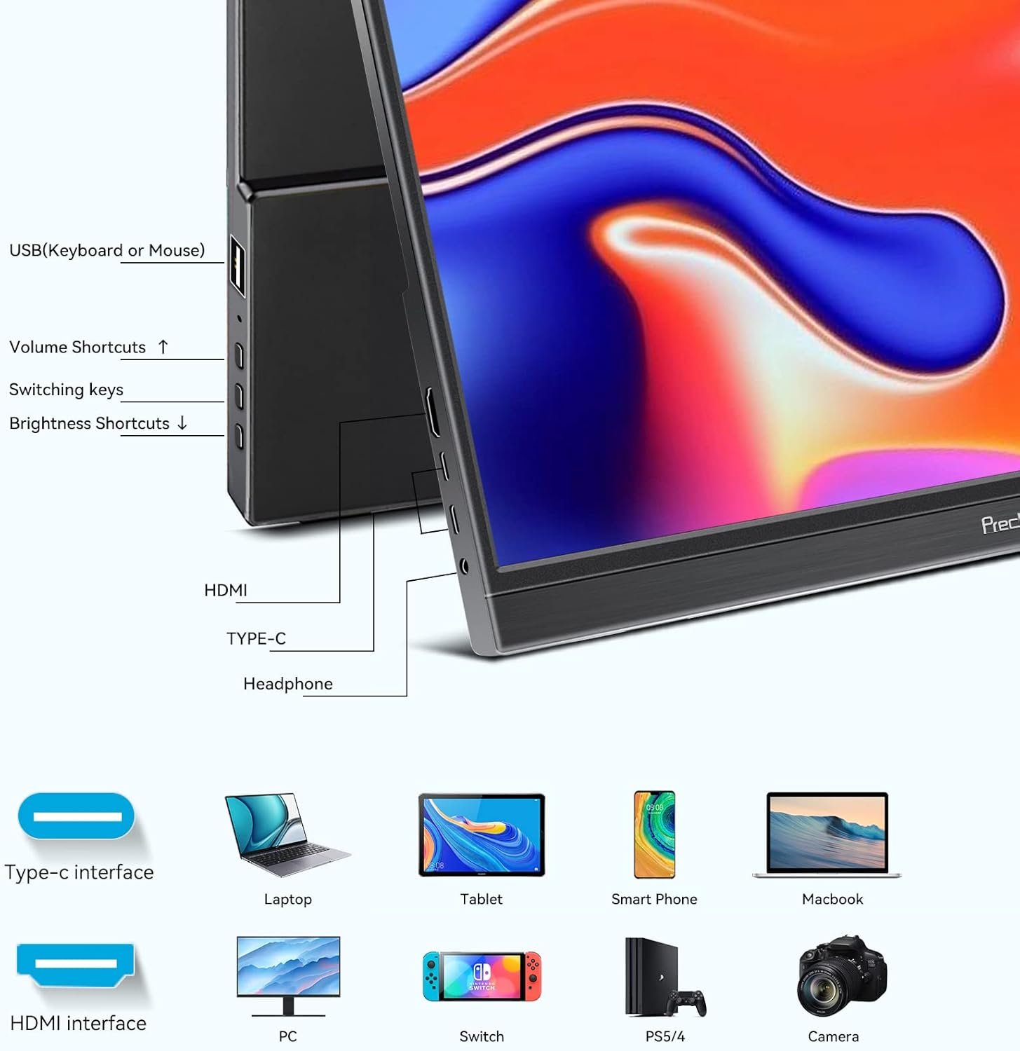 Монітор портативний сенсорний 15.6" Prechen HD156 Full HD IPS 60 Гц, фото №2
