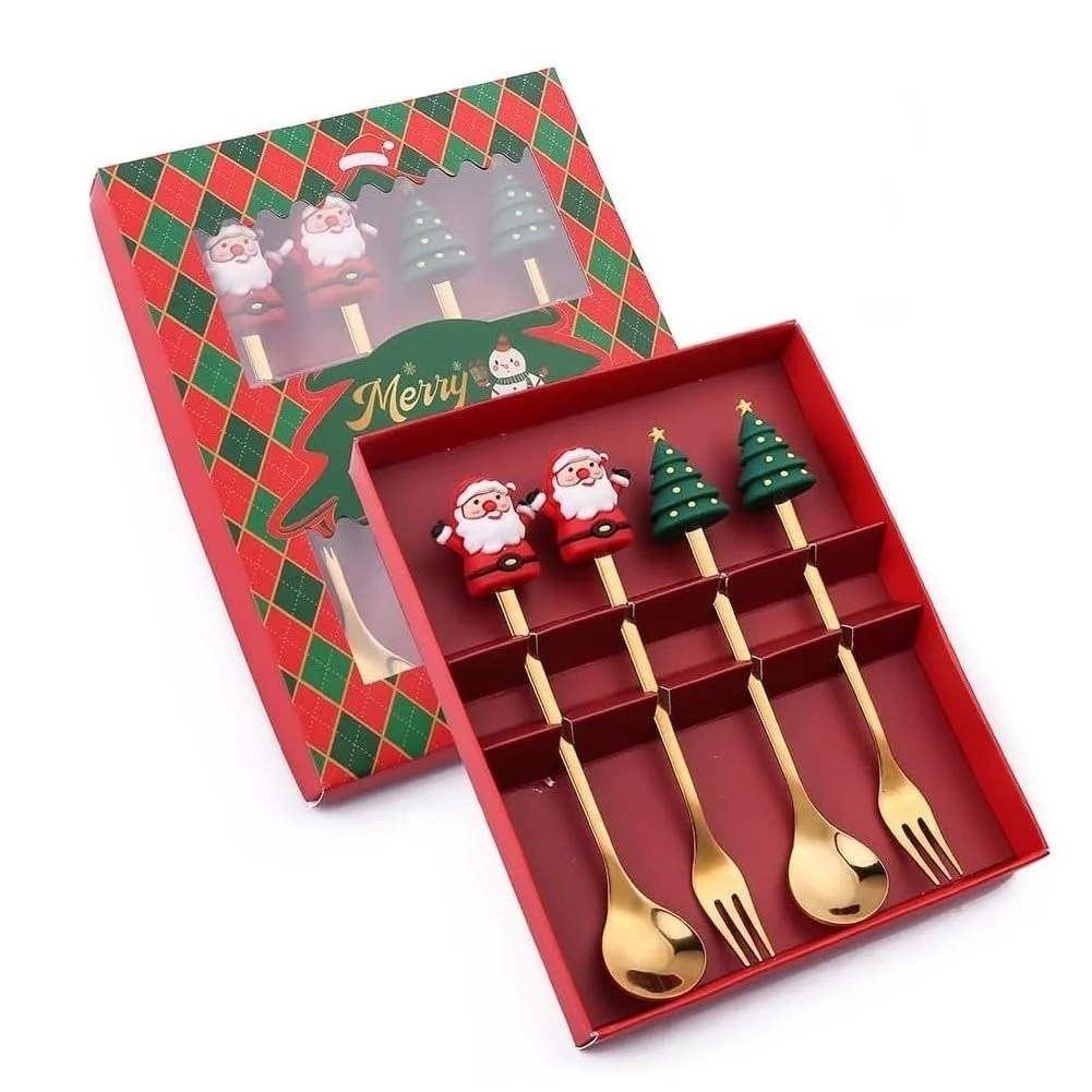 Набор столовой посуды Рождественский, Рождественская ложка, Кофейная ложка, Ложка для торта, Рождественская вилка, Десертная вилка, 3D мультяшная фигурка, 4 шт, Набор рождественских столовых приборов (B), фото №1