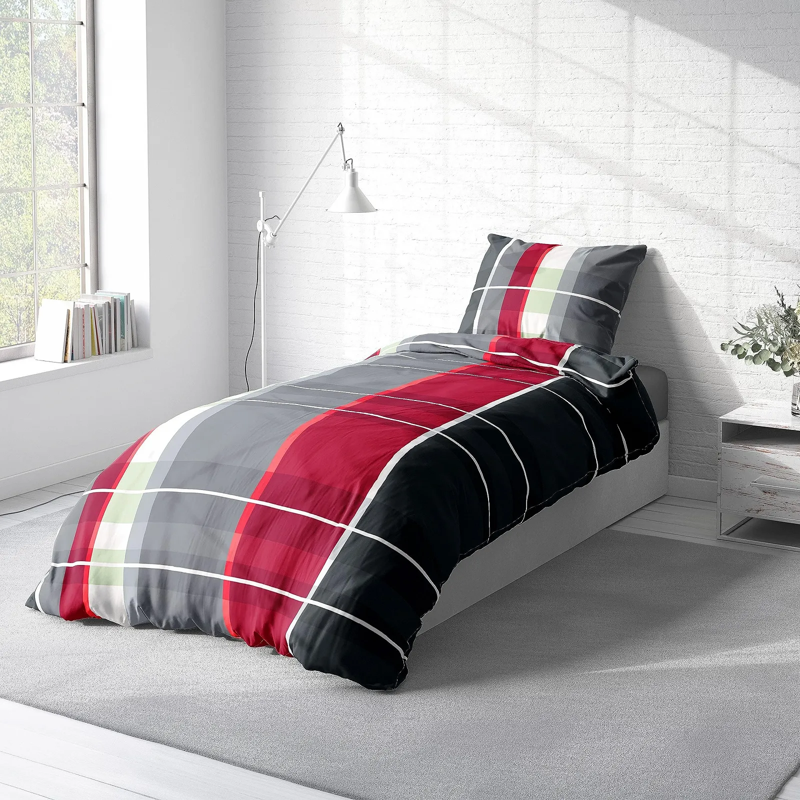 Комплект постільної білизни з мікрофібри one-home 2 предмети на блискавці 135 x 200 см червона клітинка, фото №3