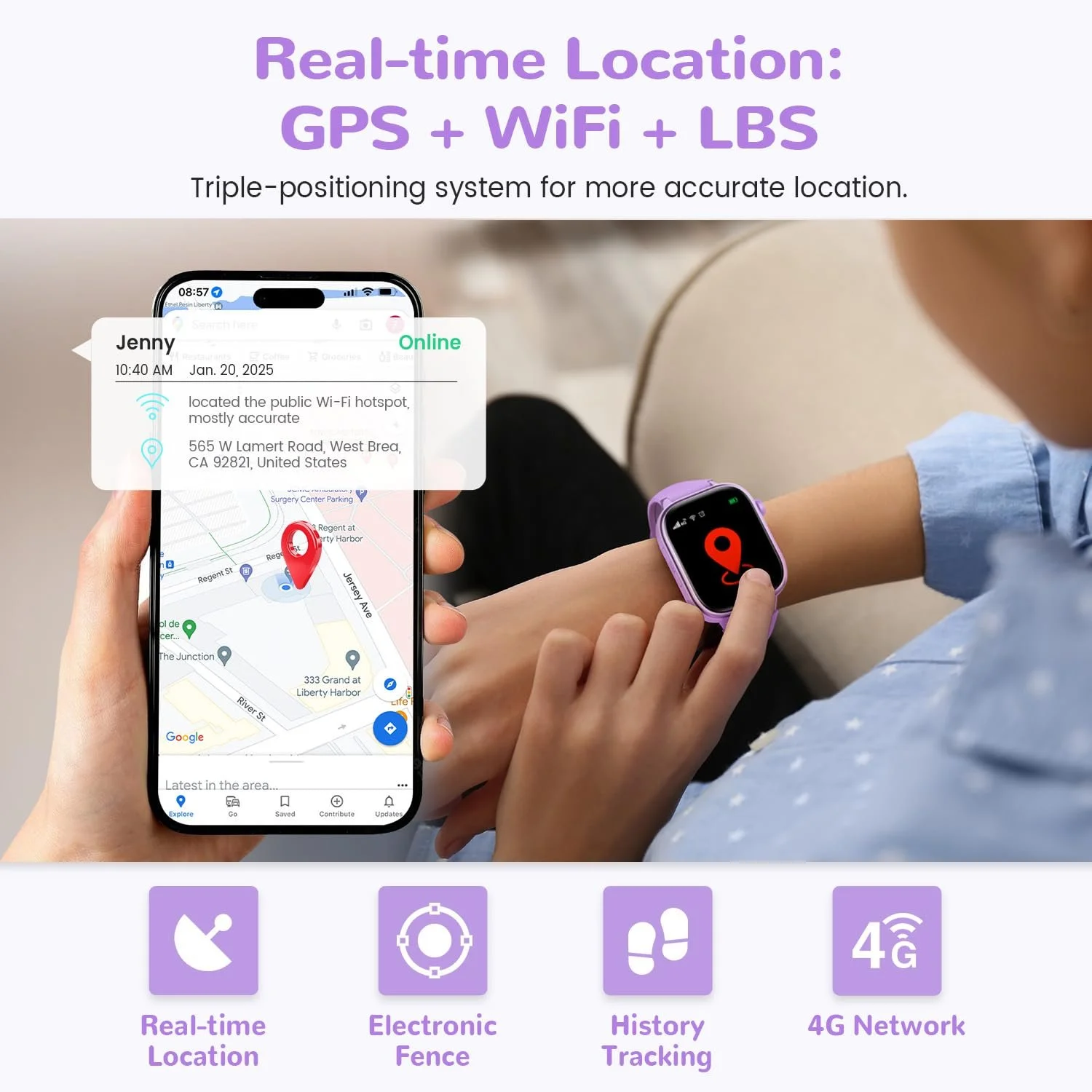 Детские Смарт-часы JoJoego с GPS и телефоном, 4G, видео звонки, вызовы, SOS, школьный режим, голосовой чат, будильник, SIM, IP68 водонепроницаемый, шагомер, фиолетовый, фото №3