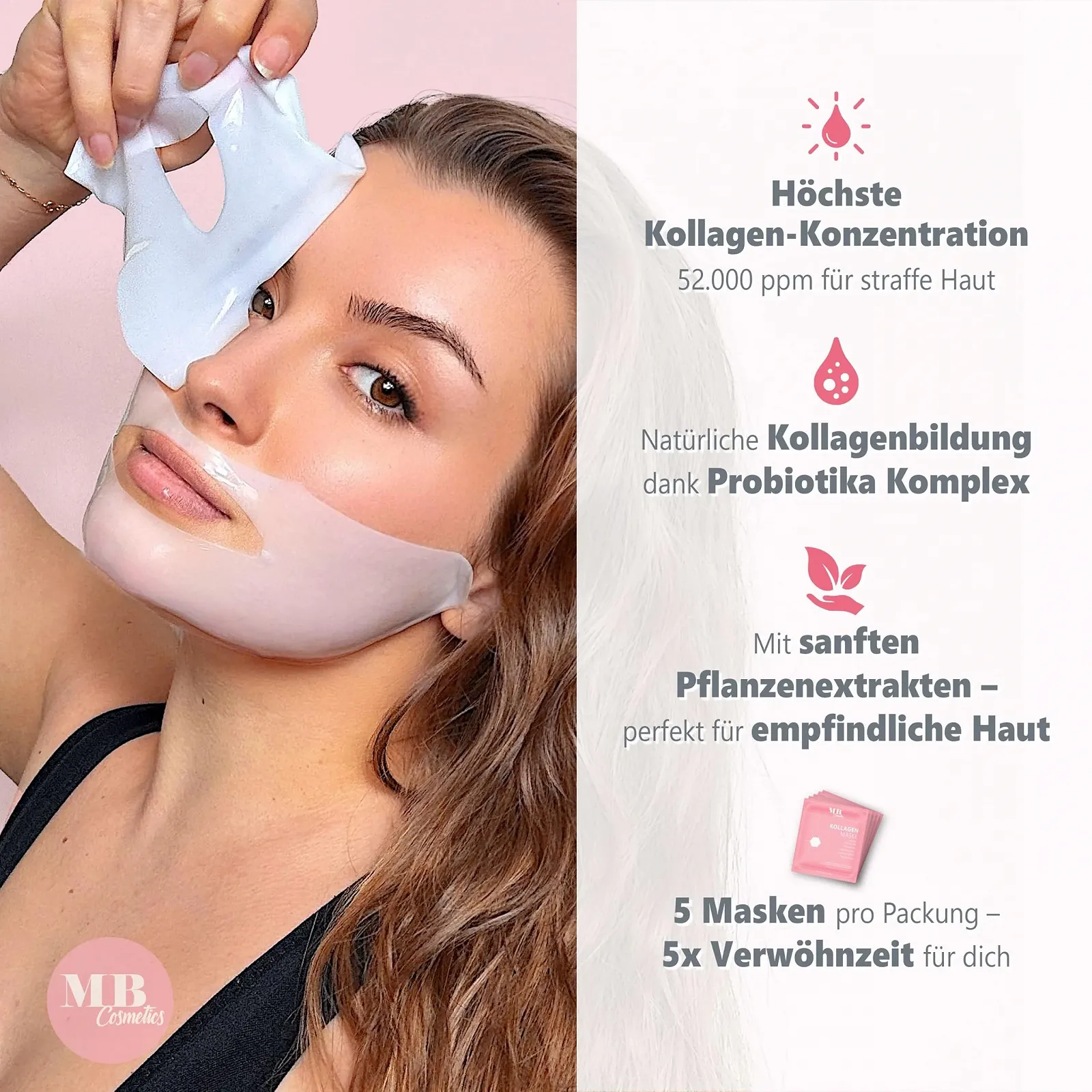 Маска для обличчя MB Cosmetics Collagen - З гіалуроном, ніацинамідами та пробіотиками 5 шт, фото №2