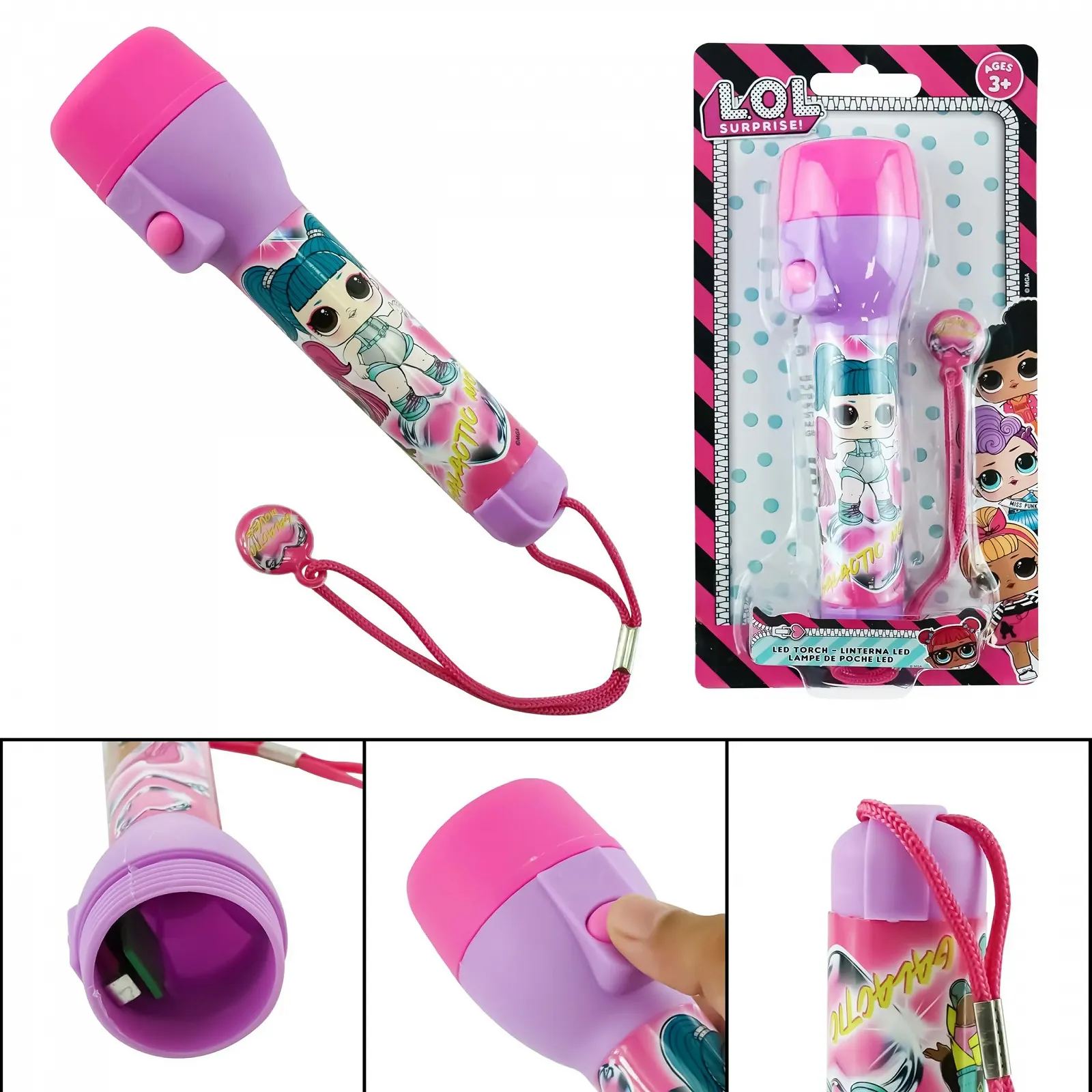 Світлодіодний ліхтарик LOL Surprise 21 см, регульований ремінець безпеки, аварійний на батарейках, пластик, для кемпінгу, походів, для дітей від 3 років, фото №8