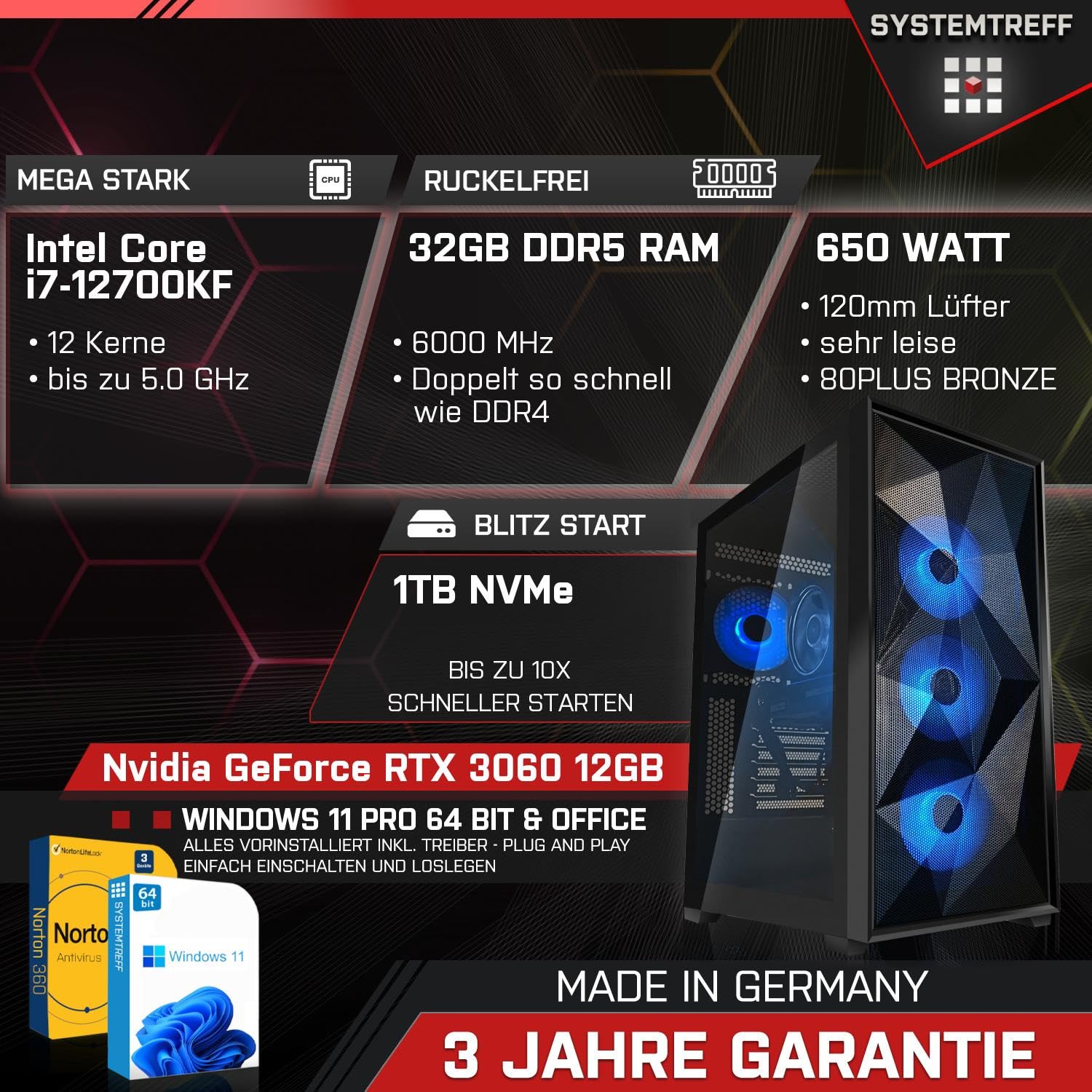 Комп'ютер SYSTEMTREFF Basic Gaming Complete PC Intel Core i7-12700KF 12x5GHz Nvidia GeForce RTX 3060 12 GB DX12 1TB M.2 NVMe 32GB DDR5 RAM WLAN, фото №2 Комп'ютер SYSTEMTREFF Basic Gaming Complete PC Intel Core i7-12700KF 12x5GHz Nvidia GeForce RTX 3060 12 GB DX12 1TB M.2 NVMe 32GB DDR5 RAM WLAN, фото №2