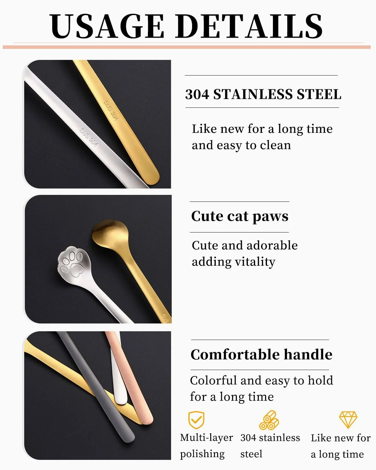 Ложка для кави з котячою лапкою з нержавіючої сталі, набір з 4 штук, фото №3