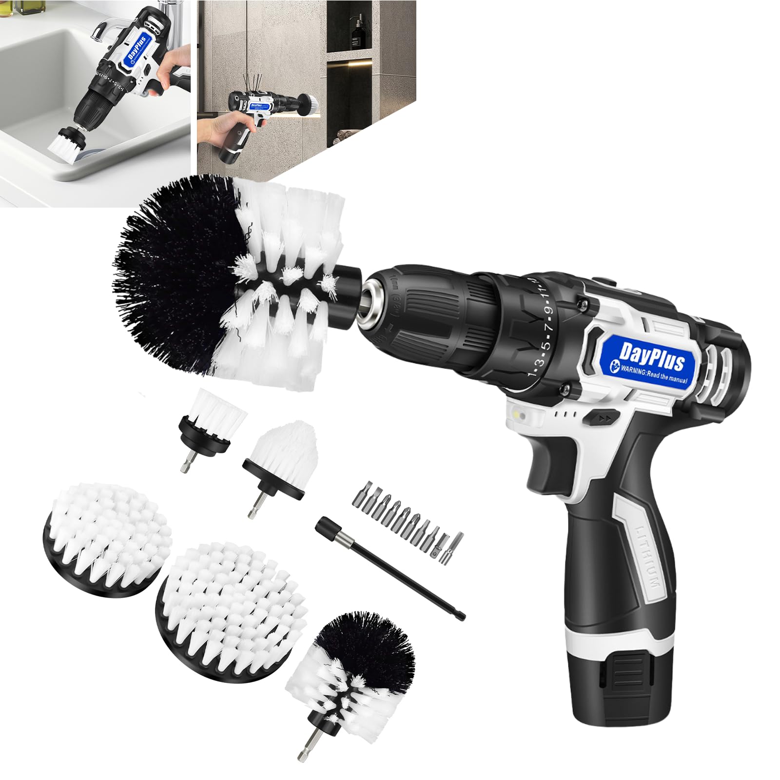 дриль шуруповерт бездротовий акумуляторний 16.8V з 5 щітками світлодіод 0-1400 об/хв змінна швидкість для очищення кухні, фото №1