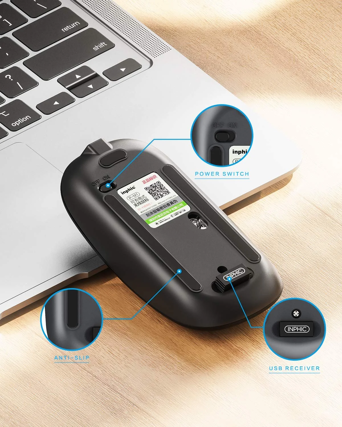 Мышь Inphic беспроводная аккумуляторная Ultra Slim 2.4G Тихая беспроводная оптическая компьютерная мышь 1600 DPI с USB-приемником Черный, фото №3 Мышь Inphic беспроводная аккумуляторная Ultra Slim 2.4G Тихая беспроводная оптическая компьютерная мышь 1600 DPI с USB-приемником Черный, фото №3