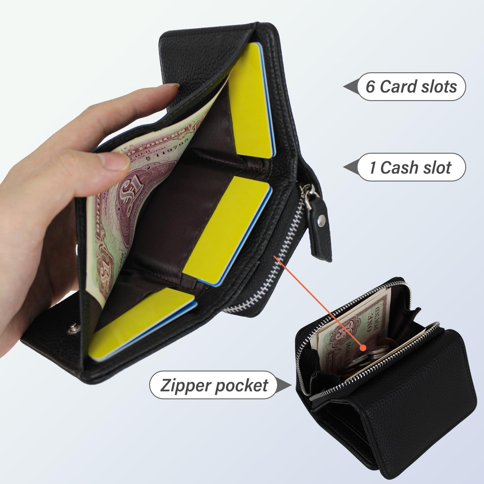 Женский кошелек тройного сложения кожаный AdiStylinno Mini, 6 отделений для карт, 1 отделение для наличных, отделение для монет на молнии, черный, Modern, фото №2
