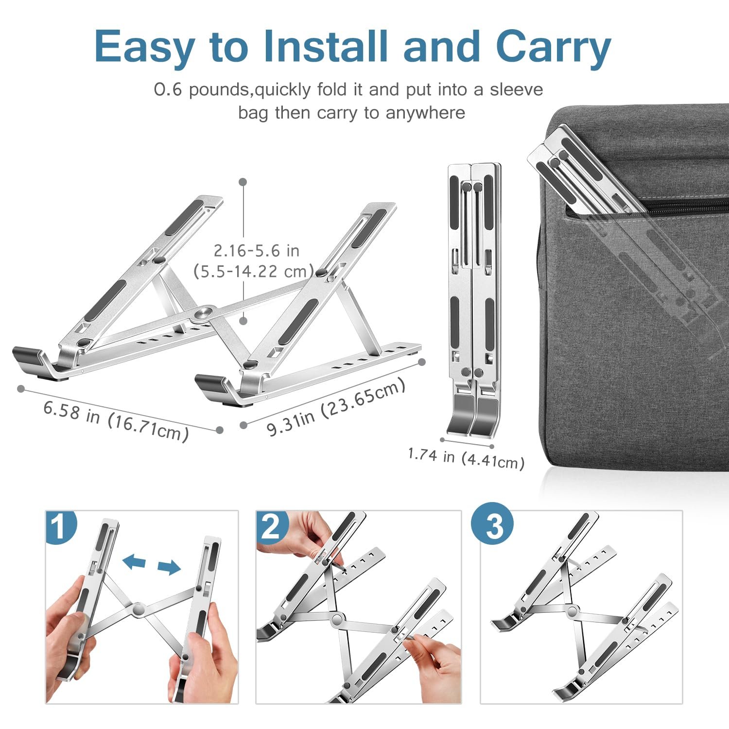 Підставка для ноутбука ivoler, регульована по висоті на 6 рівнів, складана алюмінієва, портативна вентильована, сумісна з 10-15,6-дюймовими ноутбуками та планшетами, срібляста, фото №5 Підставка для ноутбука ivoler, регульована по висоті на 6 рівнів, складана алюмінієва, портативна вентильована, сумісна з 10-15,6-дюймовими ноутбуками та планшетами, срібляста, фото №5