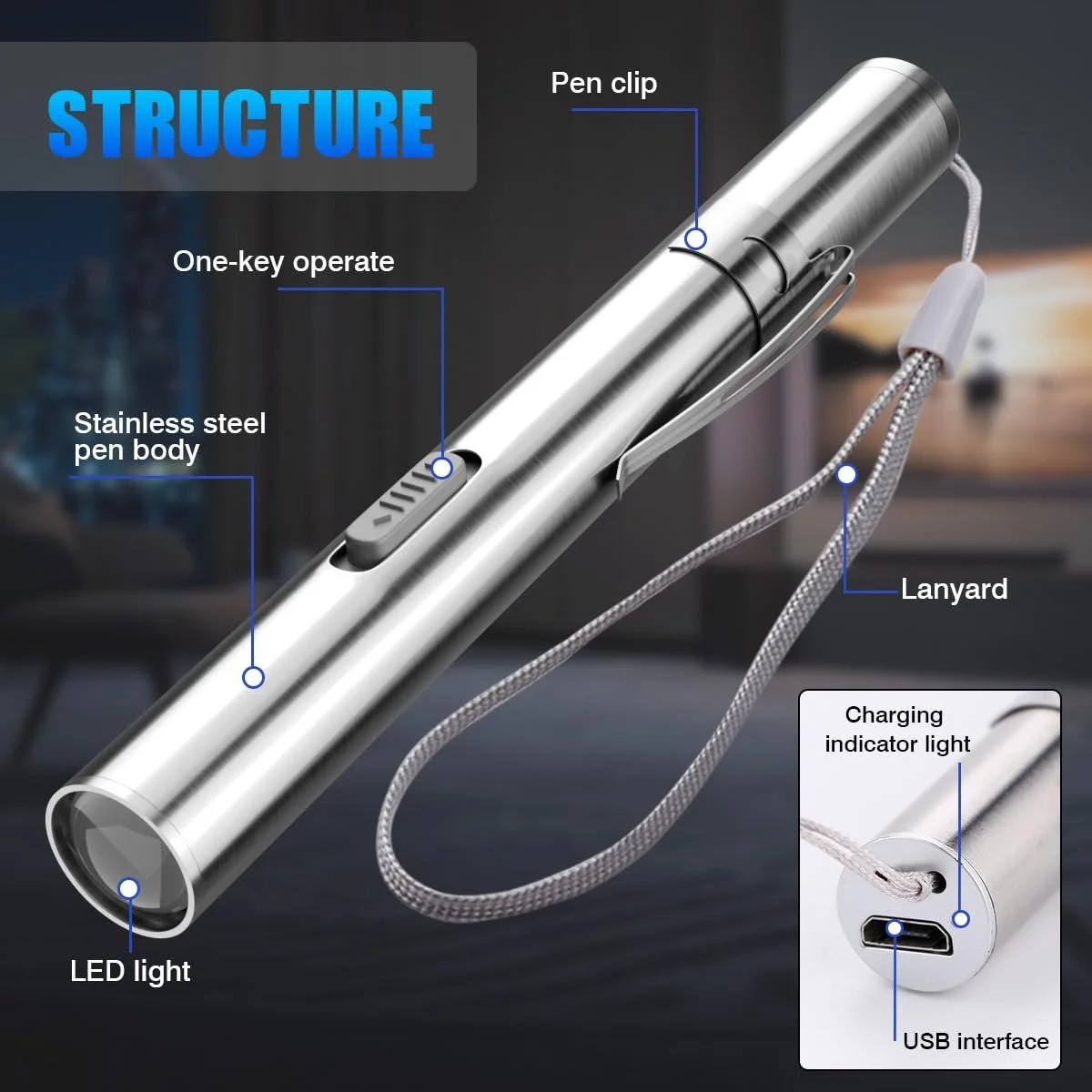 Ручний ліхтар WholeFire 3 шт LED Акумуляторний USB Міні кишеньковий Ручка з нержавіючої сталі Водостійкий для сумочки з кліпсою + USB-кабель для механіків, фото №4