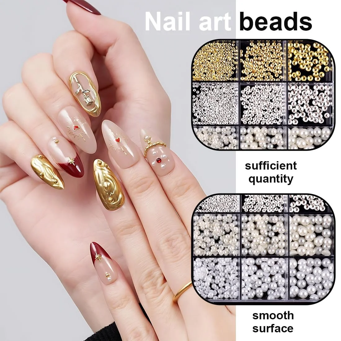 Бусины для ногтей Flatback Beads 1 Box Gold Silver White Beige Rhinestones DIY Nail Art Decor, фото №3