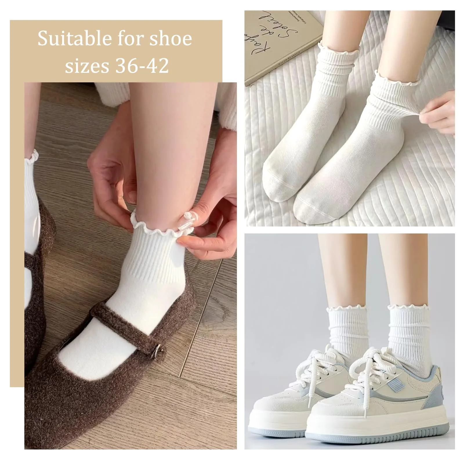 Носки с рюшами Высокой Эластичности Дышащие Хлопковые Женские для обуви Мэри Джейн, балеток, кроссовок (Белый), 10 пар, Белый, фото №3