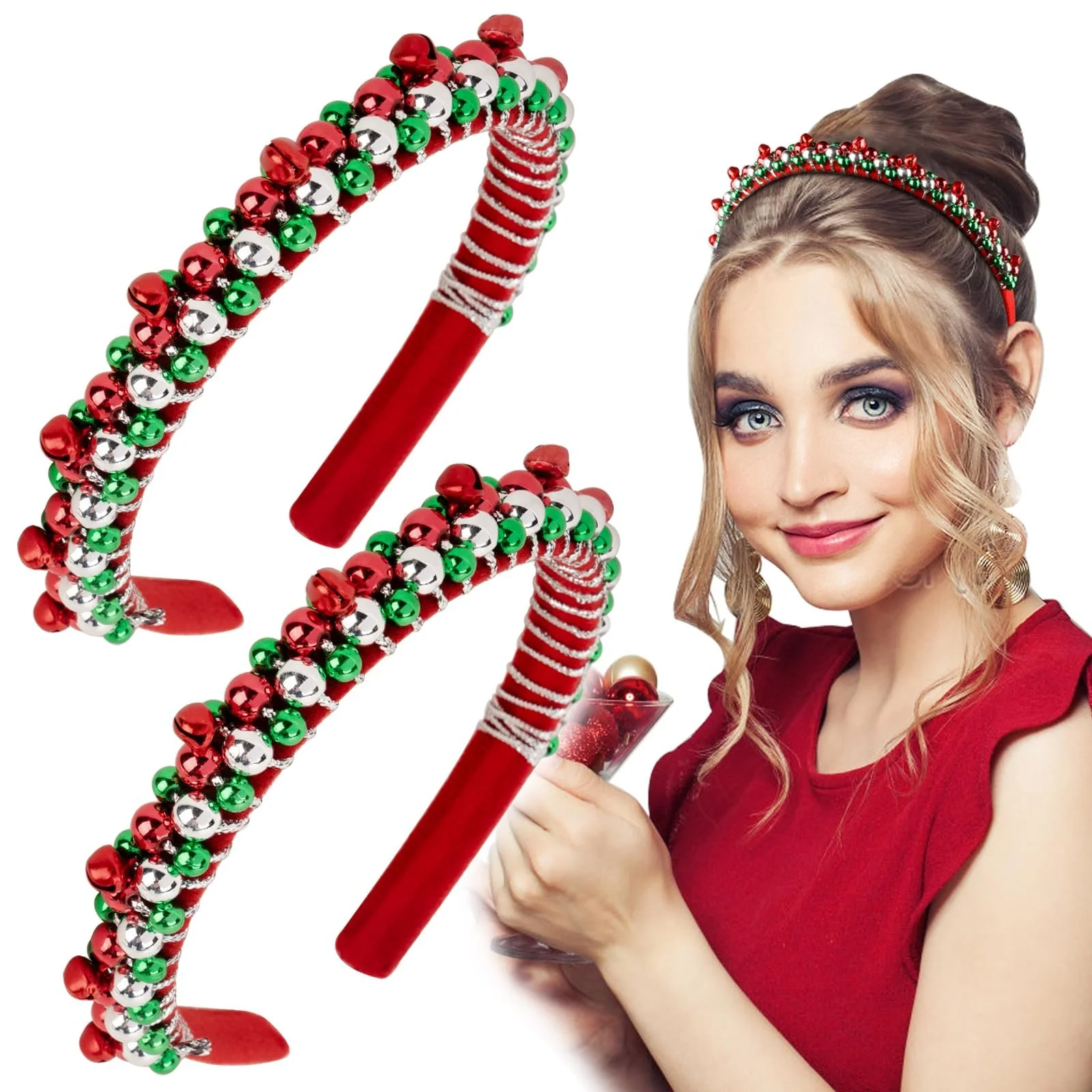 Обруч Різдвяний з дзвіночками Червоний Зелений, фото №7