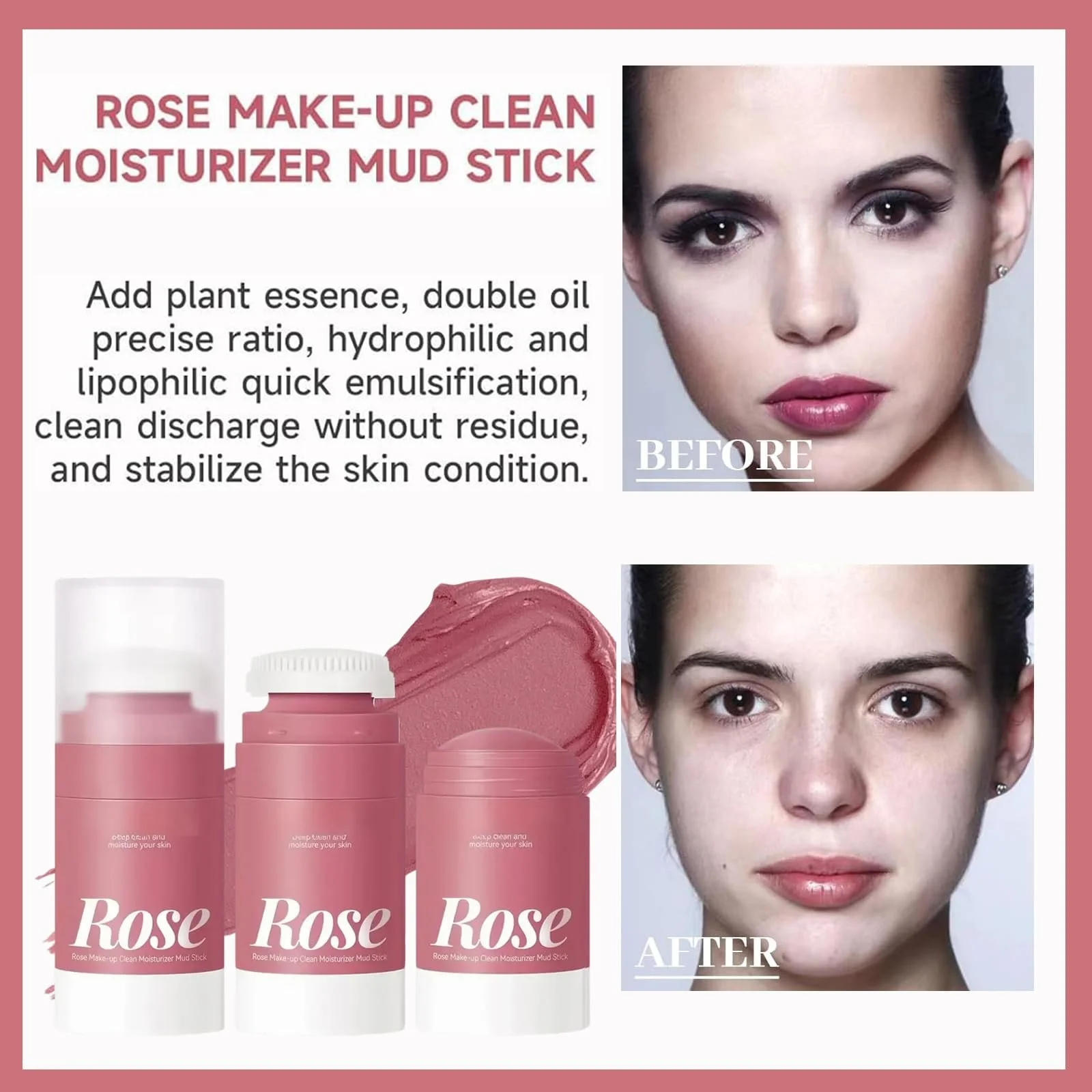 Маска-стик Глина Rose Clay для глубокой очистки пор, для сияющей кожи, контроль жирности, сужение пор и увлажнение, фото №2