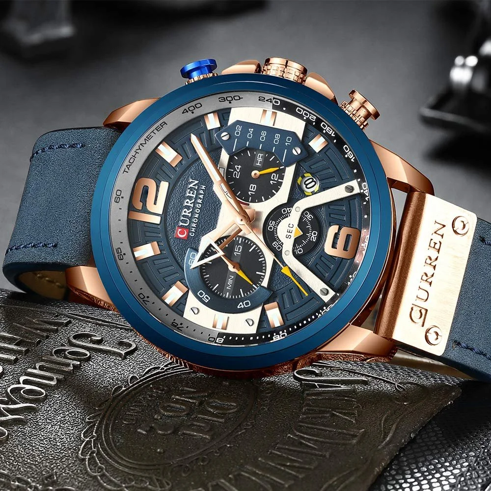 Мужские Кварцевые Аналоговые Наручные Часы Curren с Календарем Chronograph, синий, фото №4