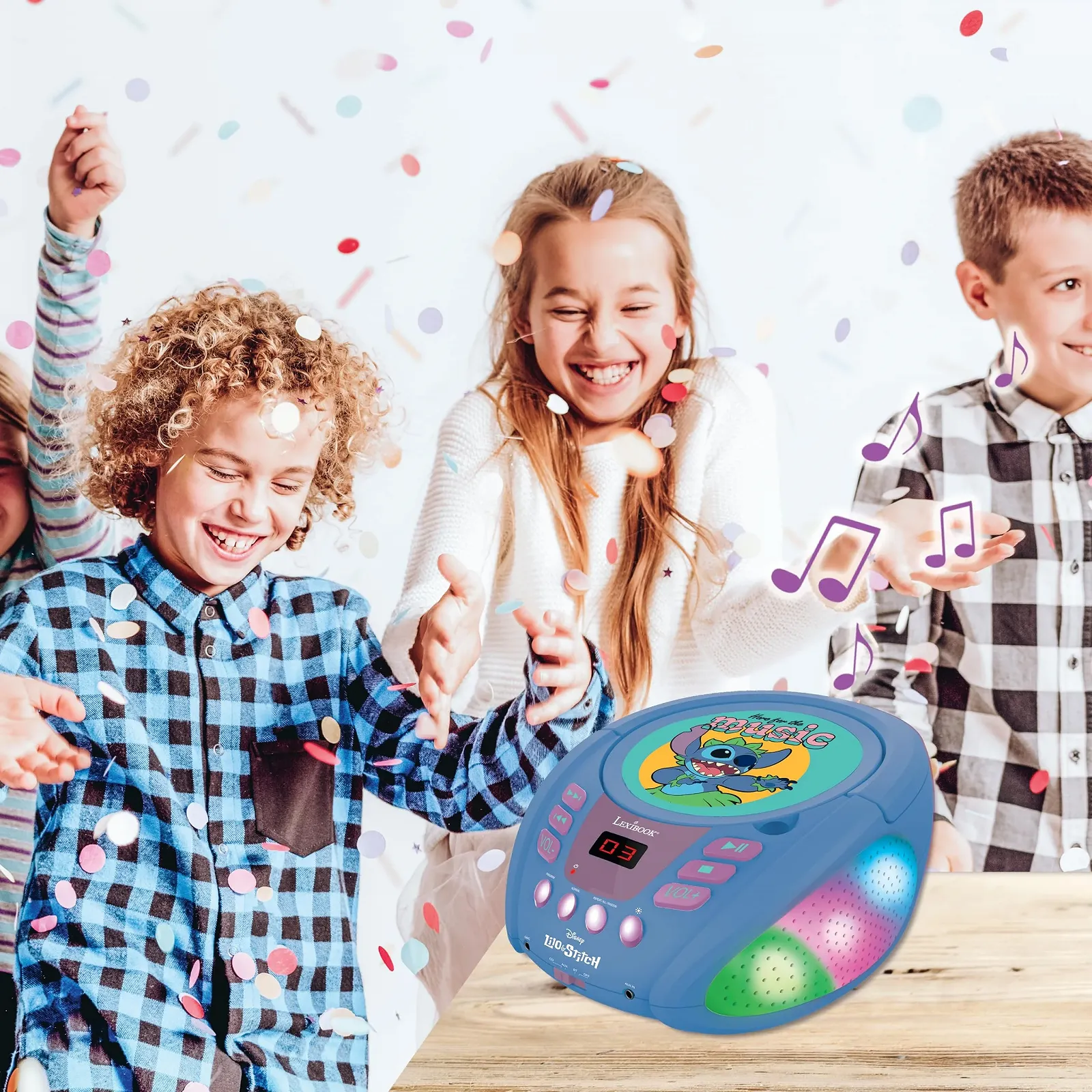 Музыкальная система Lexibook Disney Stitch RCD109D Bluetooth для детей, портативный, многоцветные световые эффекты, разъем для микрофона, Aux-in, питание от сети или батареек, синий, фото №5