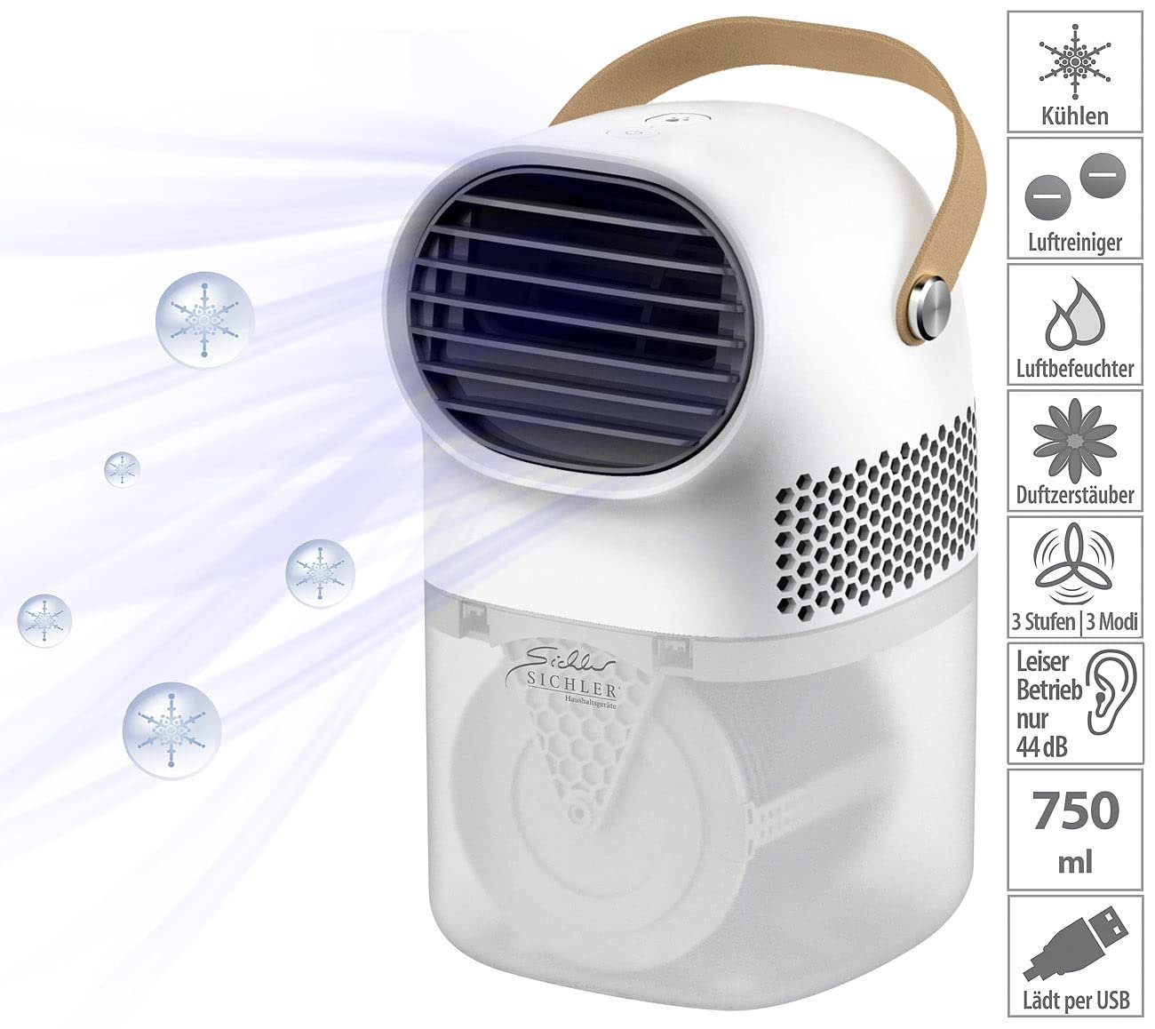 Міні-охолоджувач повітря Sichler Haushaltsgeräte 3-в-1 750 ml 5 W 44 dB, фото №3