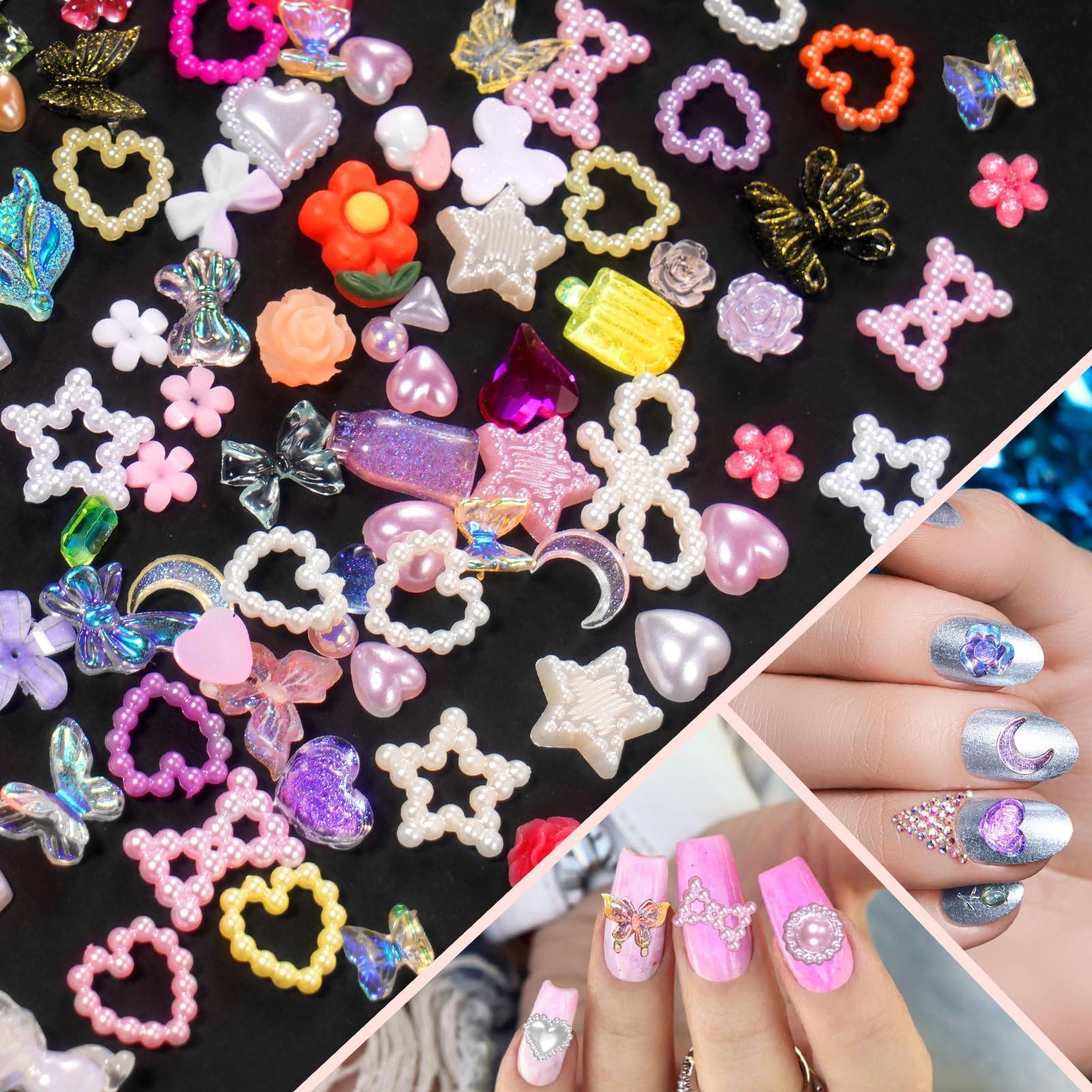 3D Наклейки для нігтів CESUSME Акрилові Різні кольори Прикраса для нігтів Серце Квітка Метелик Бантик Синій Фіолетовий Білий, фото №6