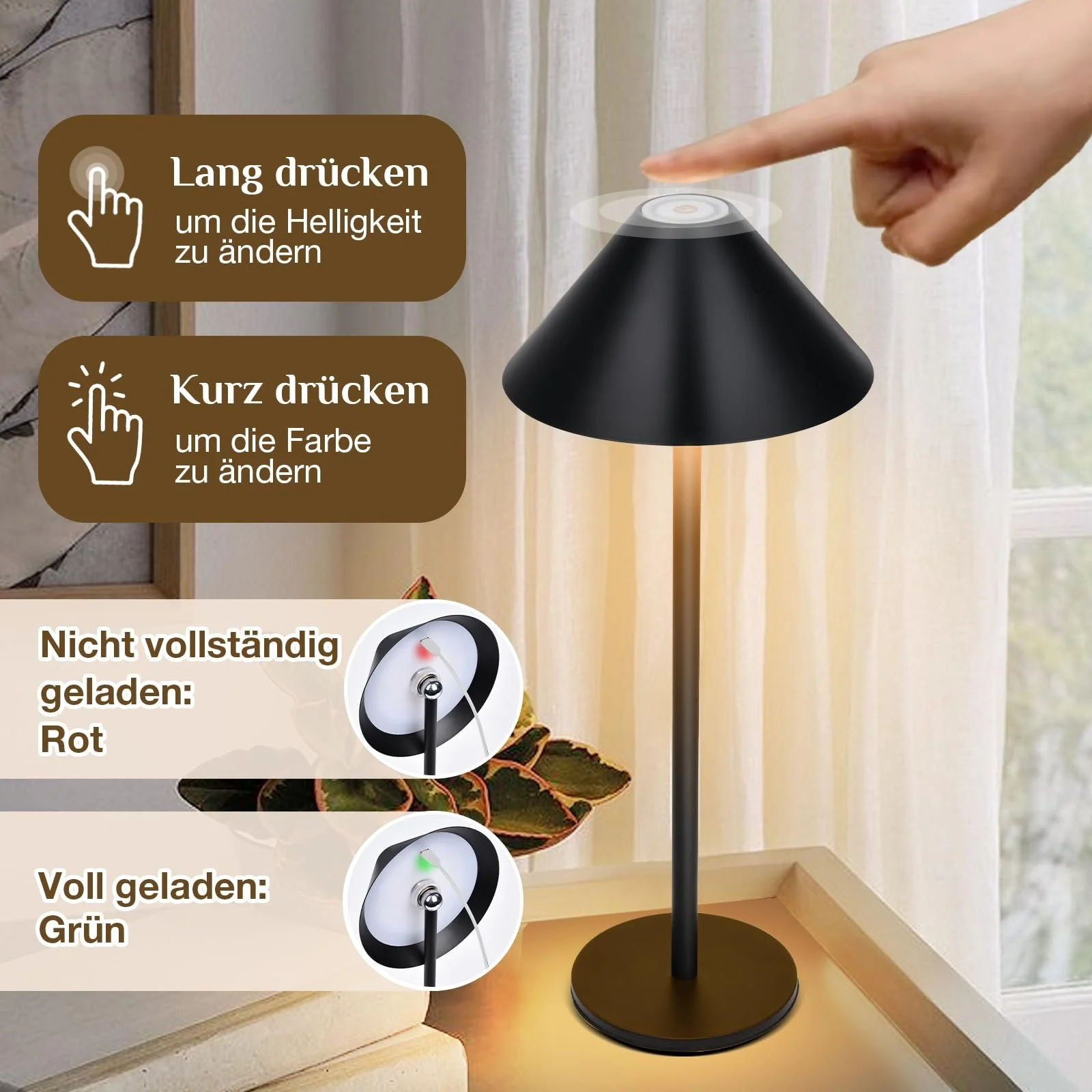 Настільна лампа Rosnek LED Бездротова 360° Магнітна 4000 мАг 3 кольори Сенсорна, фото №4