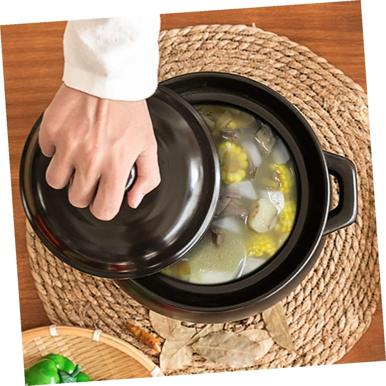 Кастрюля-жаровня керамическая с крышкой жаропрочная черная для газовых плит, фото №6