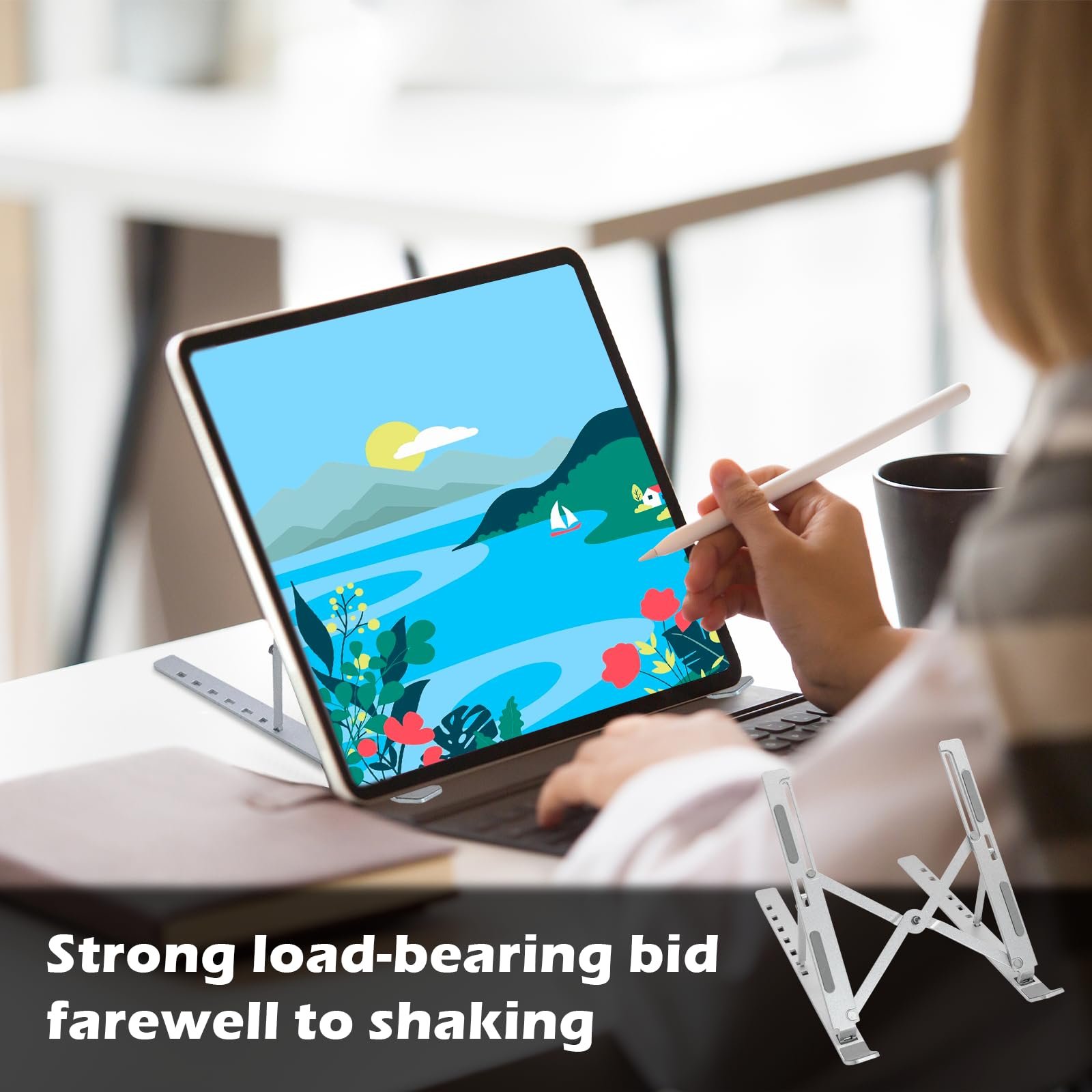 Підставка для ноутбука алюмінієва складна з нековзними накладками, регульована по висоті, з вентиляцією і трикутною структурою, фото №5 Підставка для ноутбука алюмінієва складна з нековзними накладками, регульована по висоті, з вентиляцією і трикутною структурою, фото №5