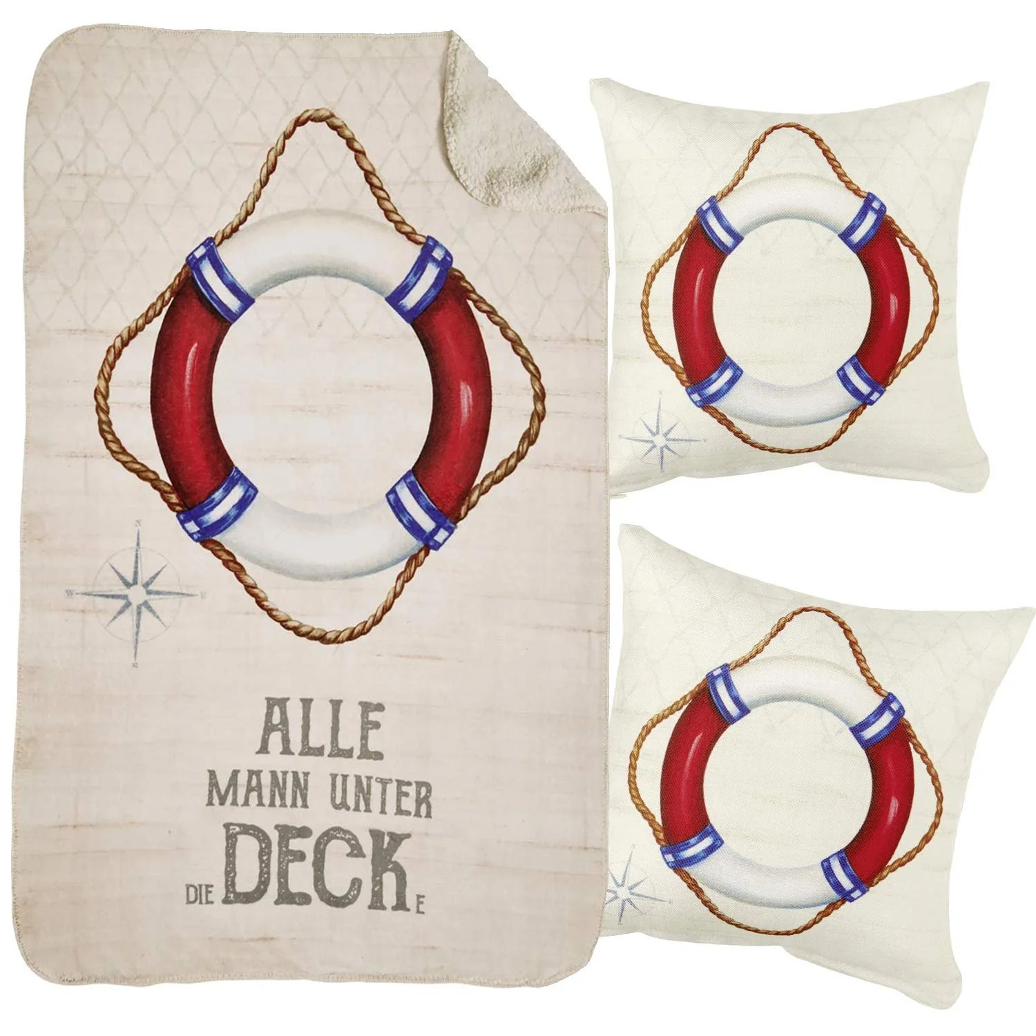 Плед Osters Muschel-Sammler-Shop М'який плед + 2 подушки Рятувальний круг Ласкаво просимо на борт, фото №1